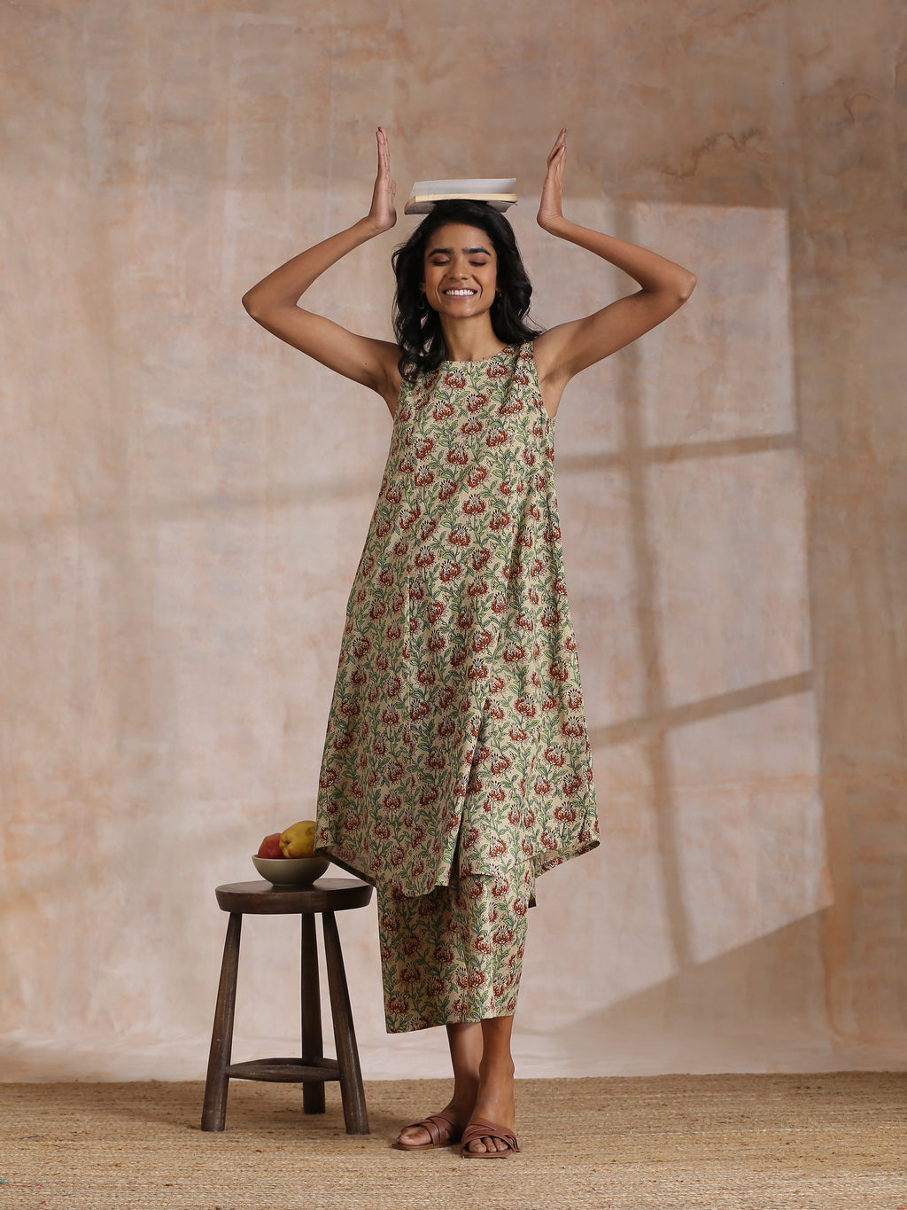 trueBrowns Beige Overall Brown Floral Block Print Cotton High-Low Co-Ord Set