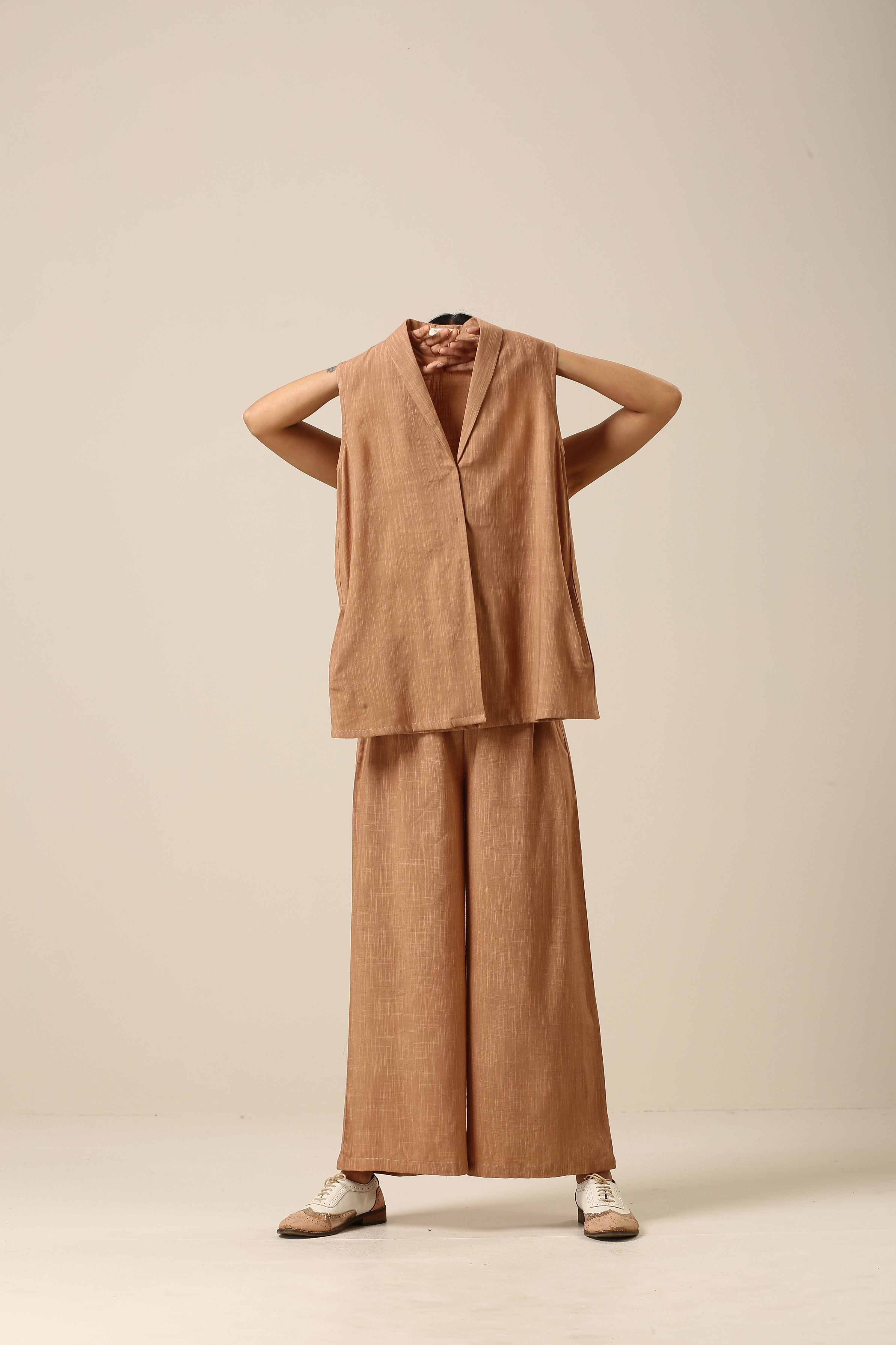 trueBrowns Beige Slub Texture Sleevesless Jacket Pant Set