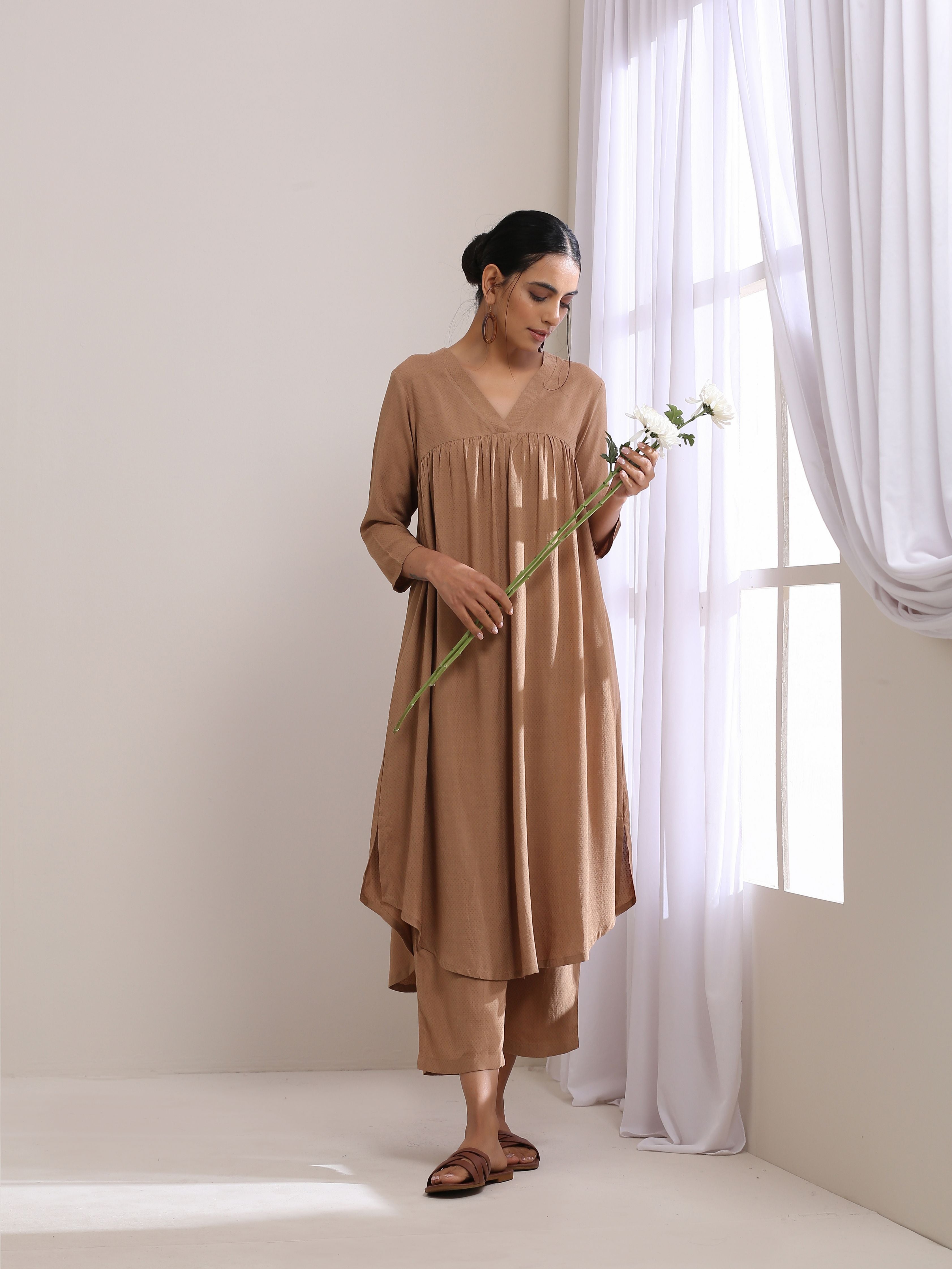 trueBrowns Beige Dobby Gathered Kurta Pant Set