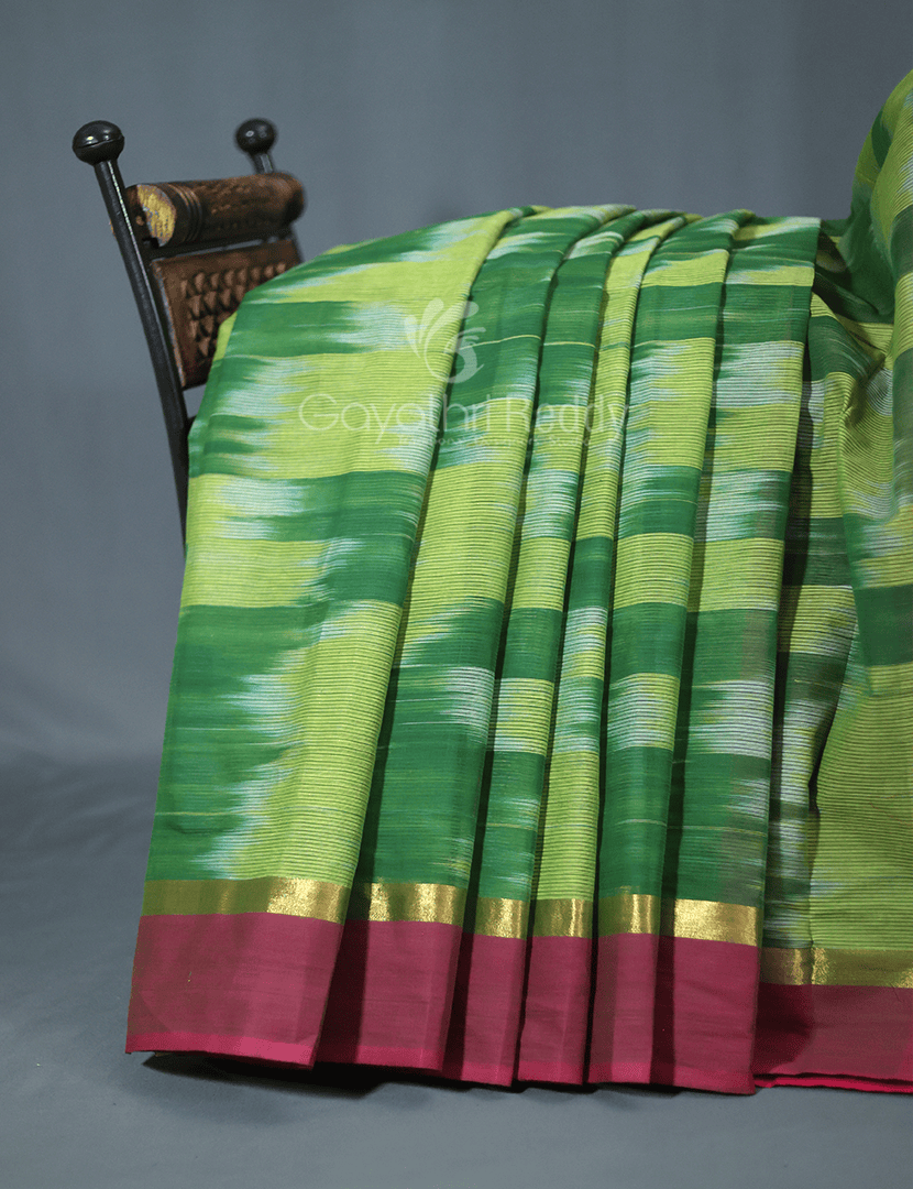 Dual Shades of Parrot Green And Mango Green Mangalagiri Ikkat Cotton Saree By Gayathri Reddy Designer Studio