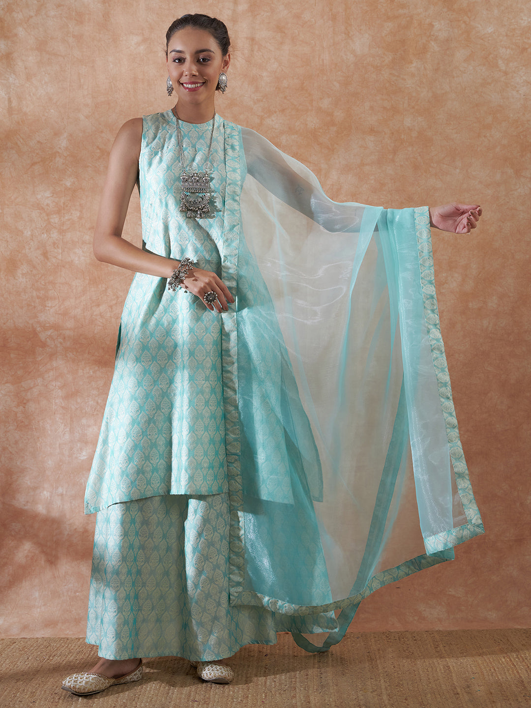 InWeave Women's Powder Blue Jacquard Halter Kurta Set W Powder Blue Or Dupatta