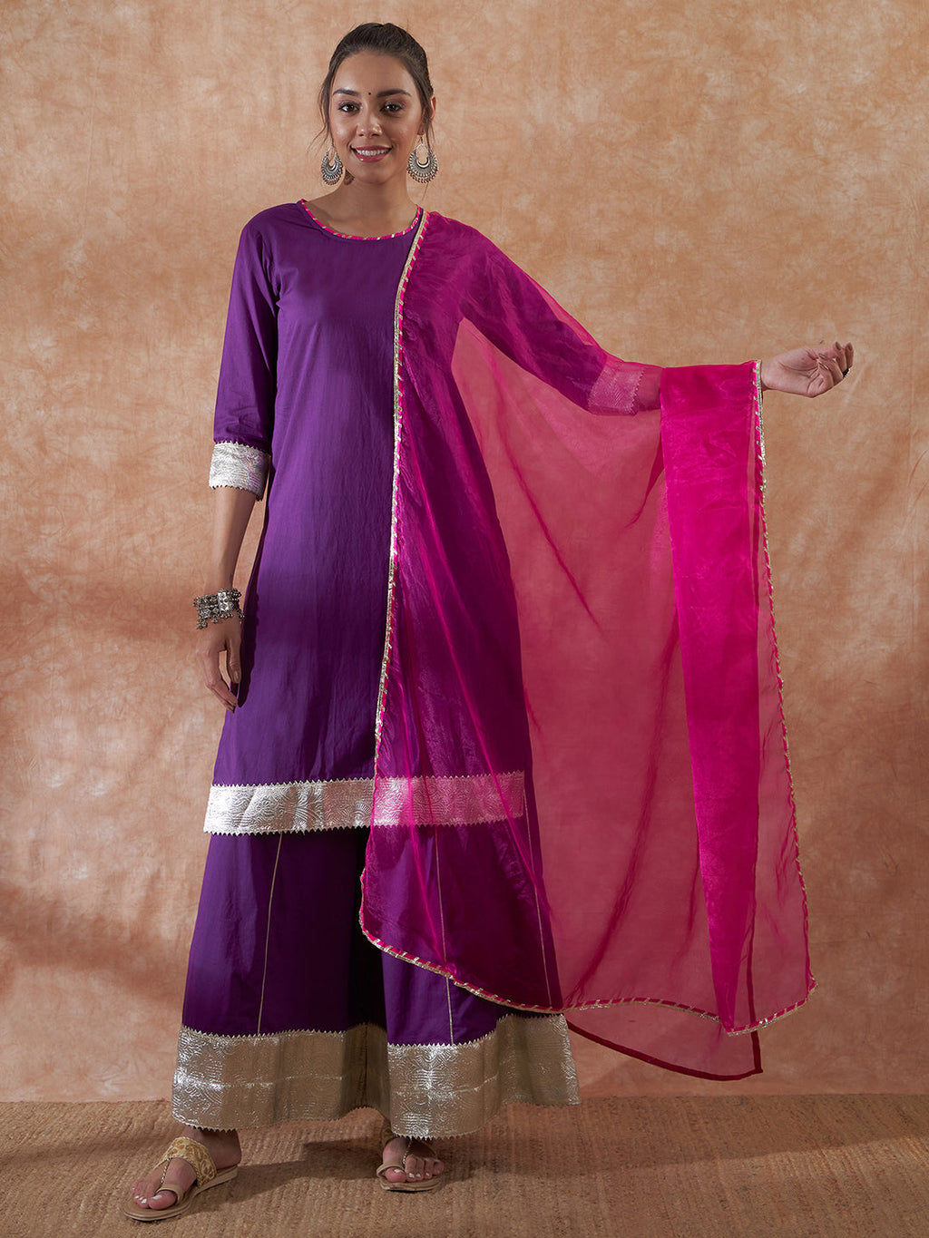 InWeave Women's Purple Gota Work Anarkali Kurta Set W Dupatta