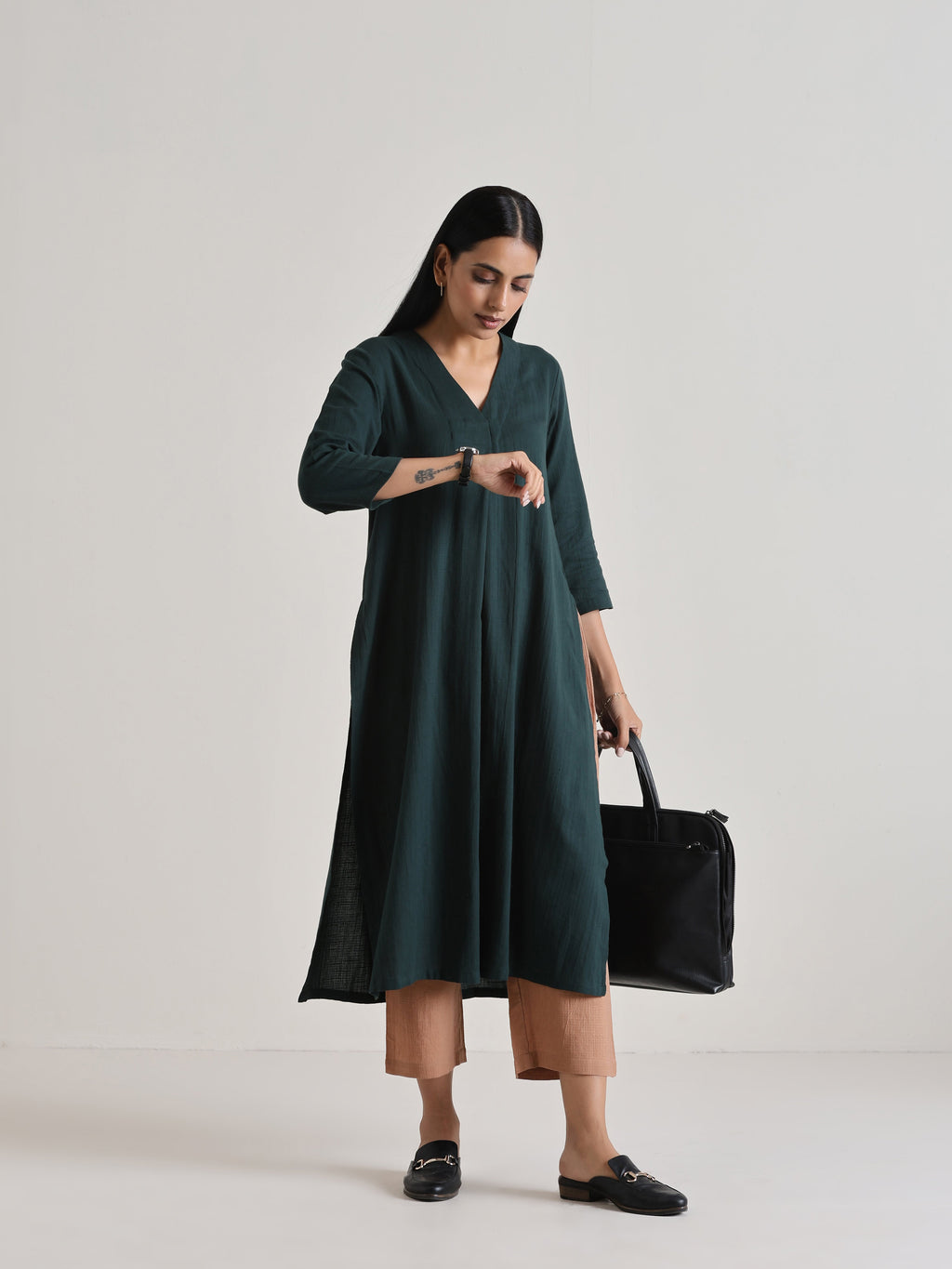 trueBrowns Dark Green Kurta Pant Set