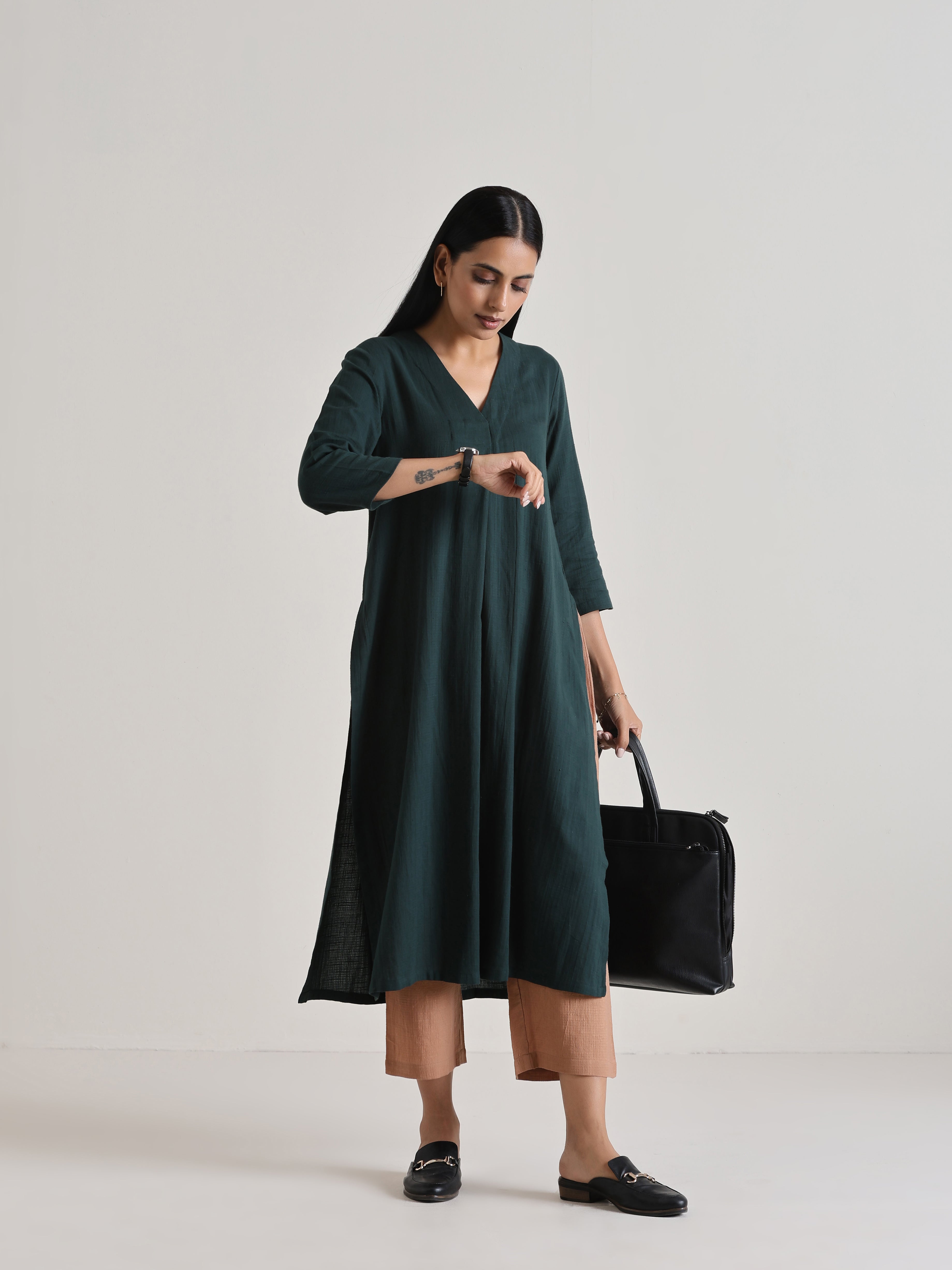 trueBrowns Dark Green Kurta Pant Set