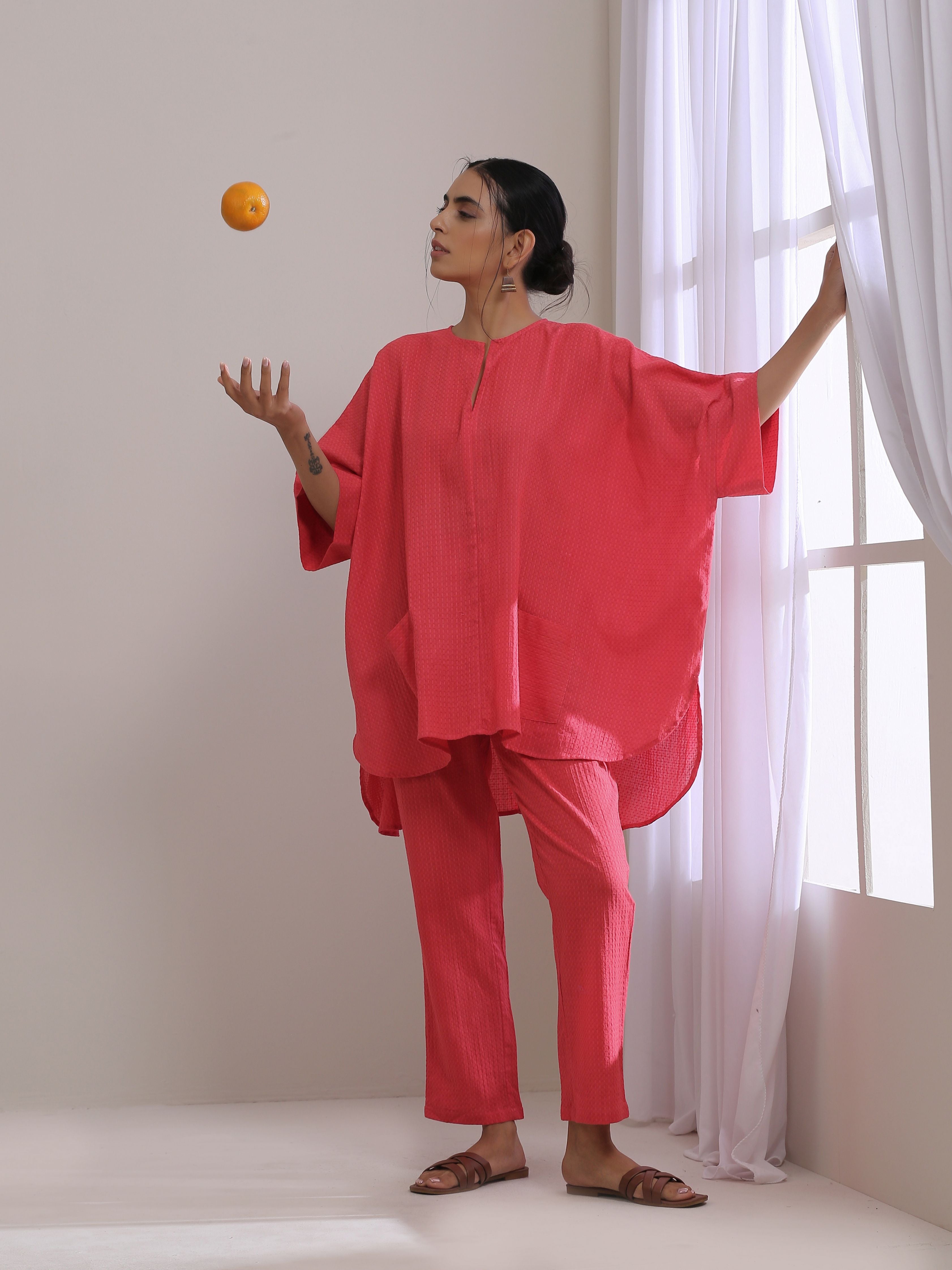 trueBrowns Bright Pink Dobby Boxy Fit High Low Co-Ord Set
