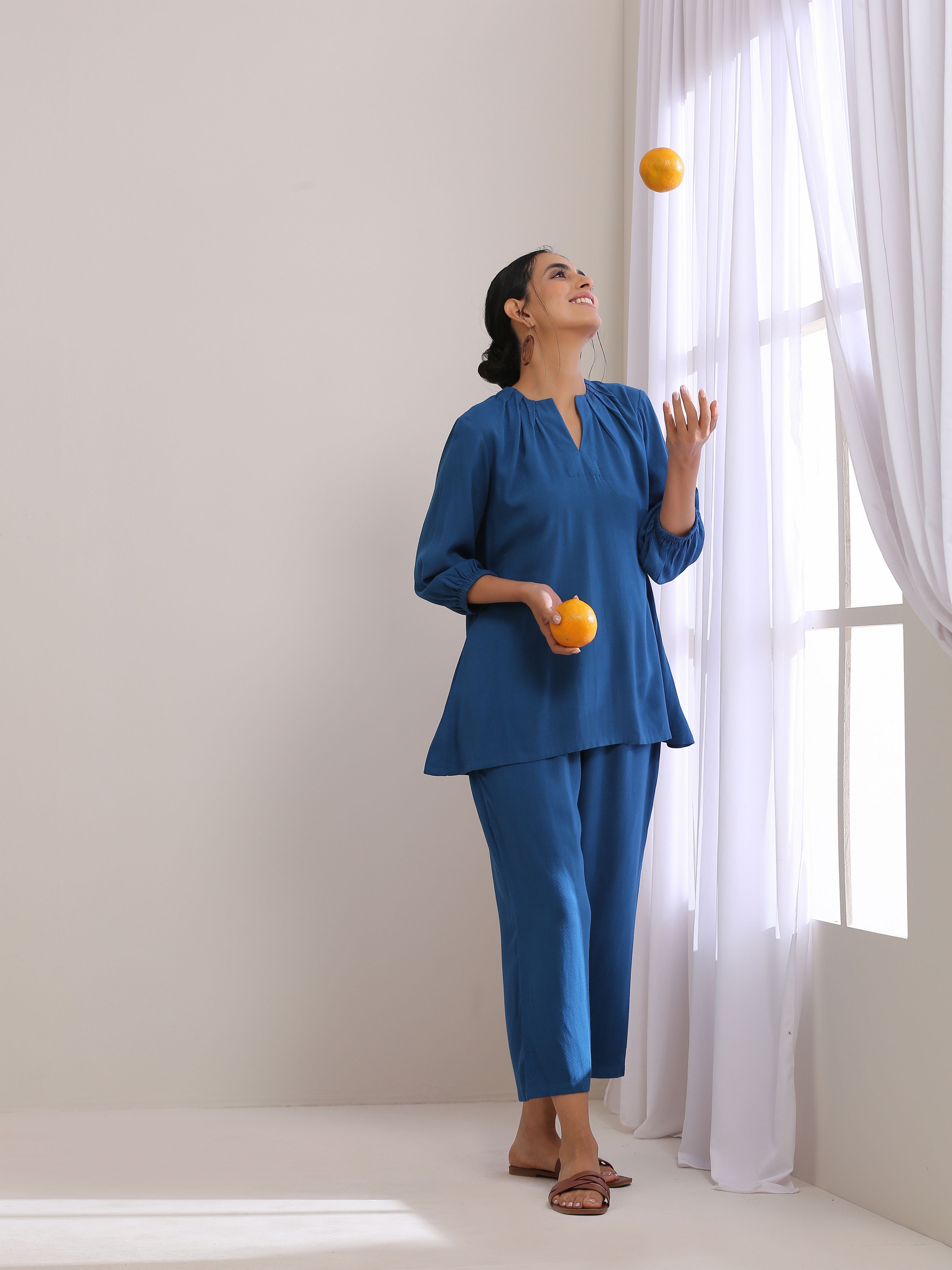 trueBrowns Classic Blue Dobby Pleated Co-Ord Set