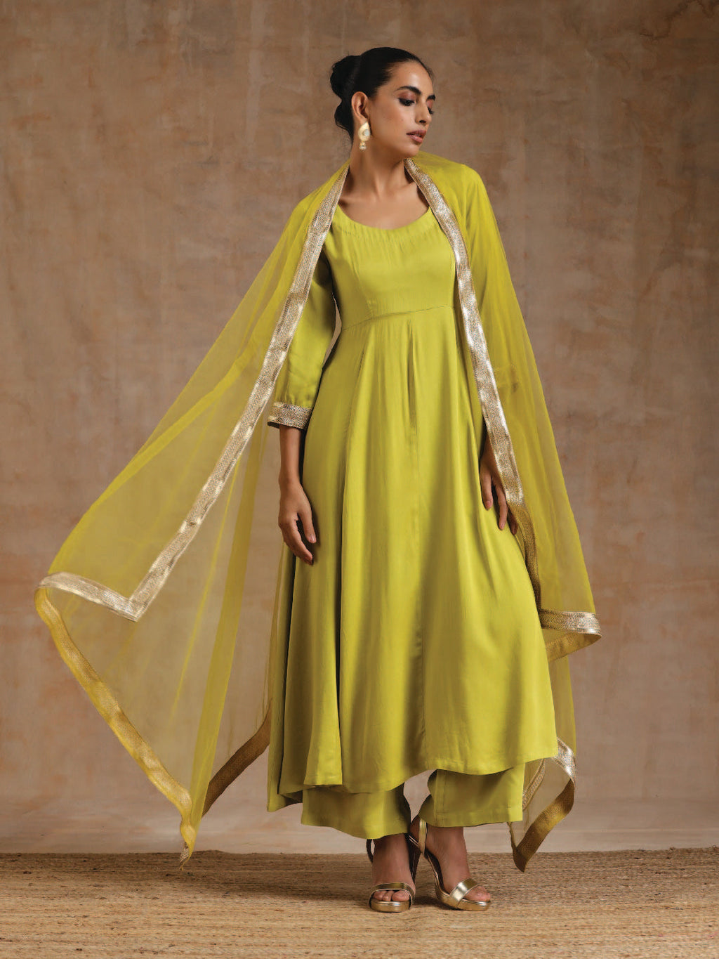 trueBrowns Lime Modal Satin Anarkali Set