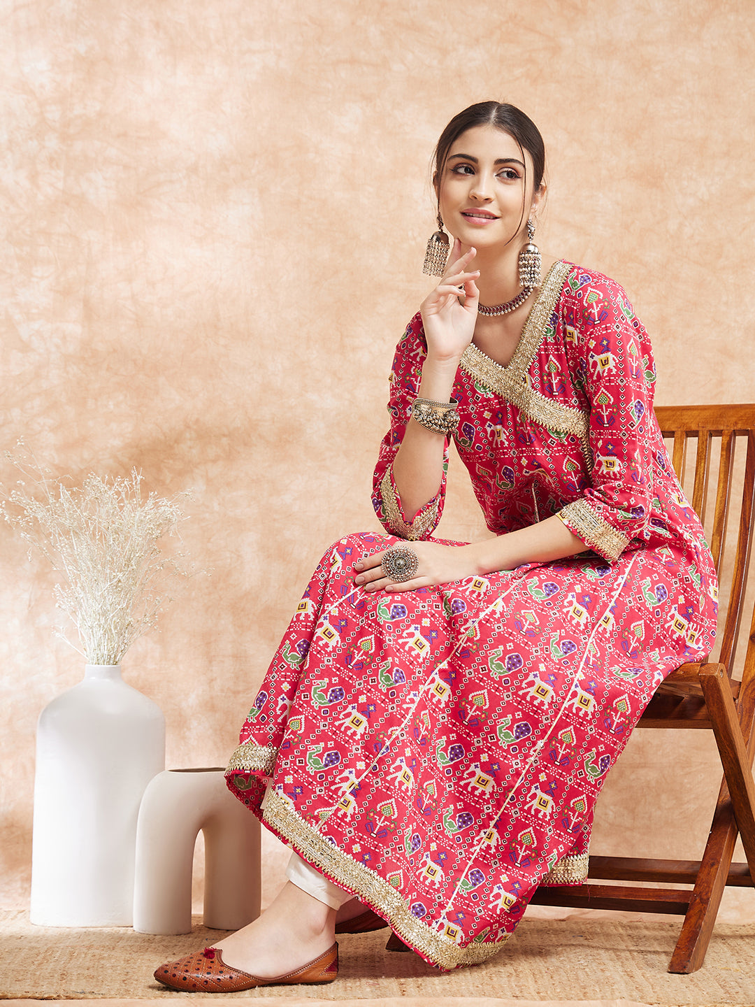 InWeave Women's Pink Patola Printed Gota Embroidered Anarkali Kurta