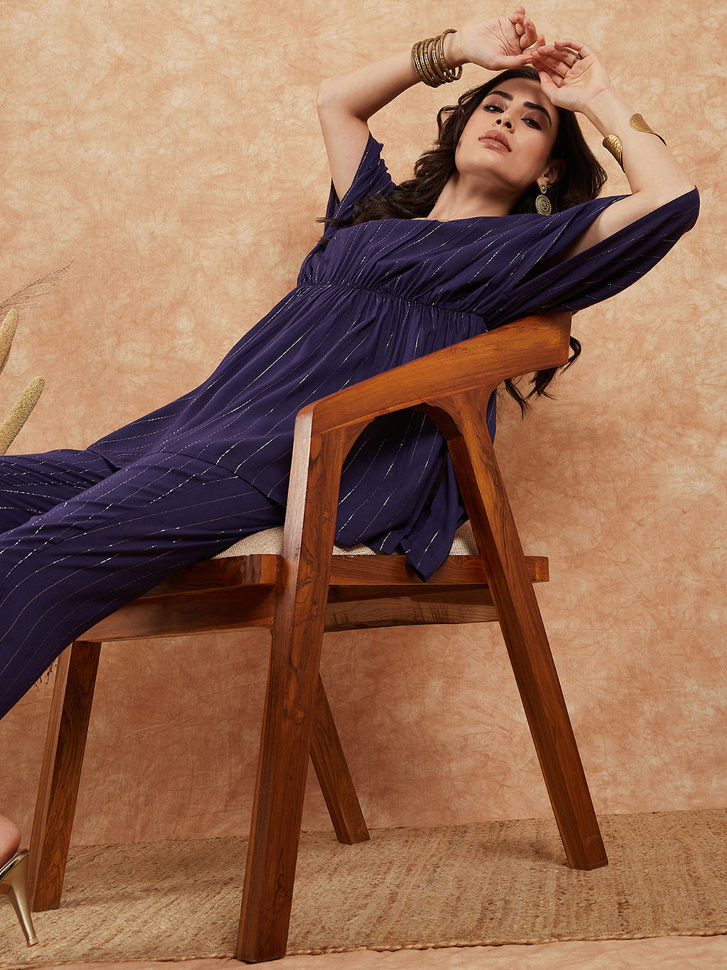 InWeave Women's Royal Blue Lurex V Neck Gota Kaftan Style Kurta Set