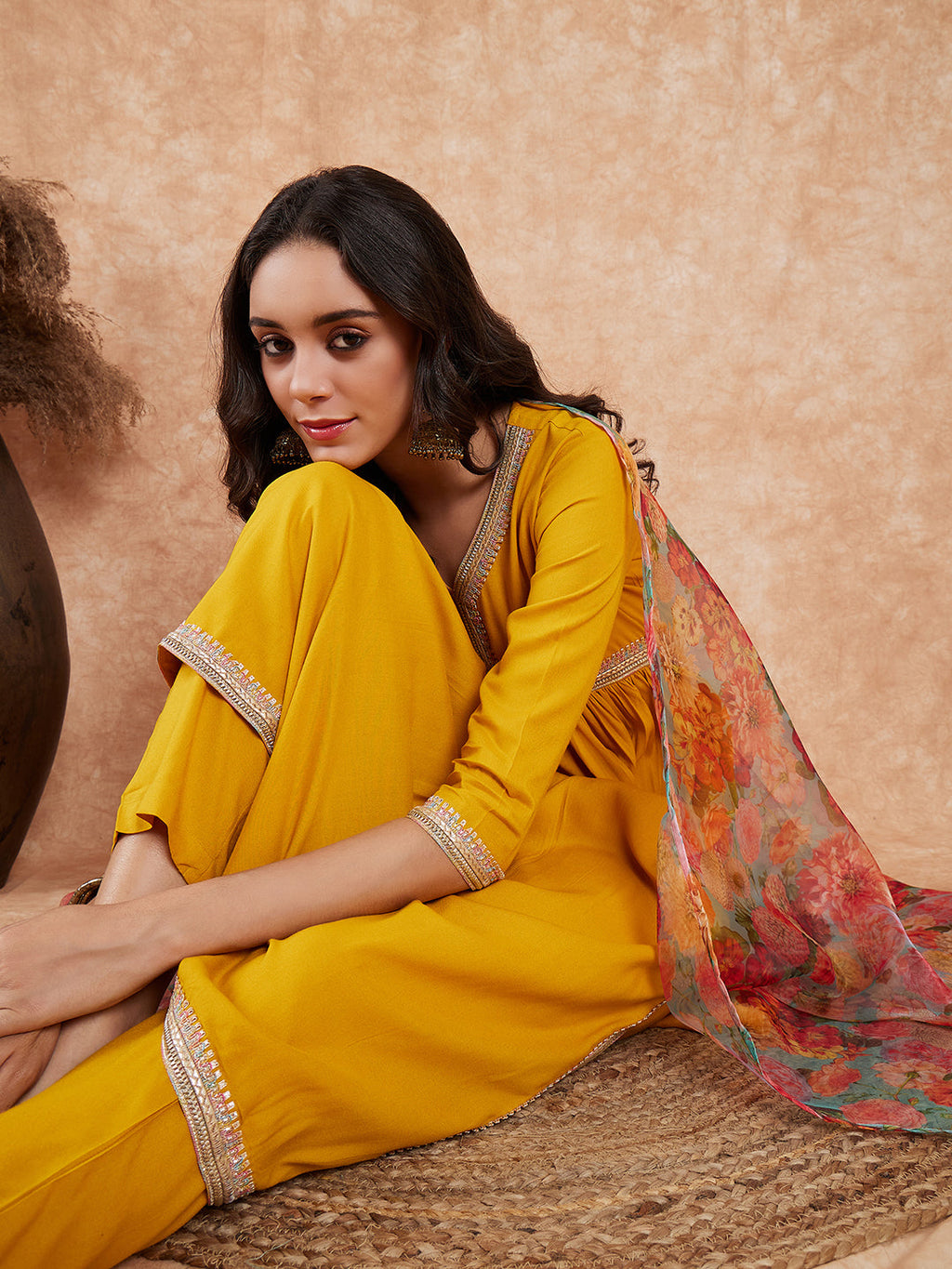 InWeave Women's Mustard Alia Neck Style Gota Set W Organza Dupatta
