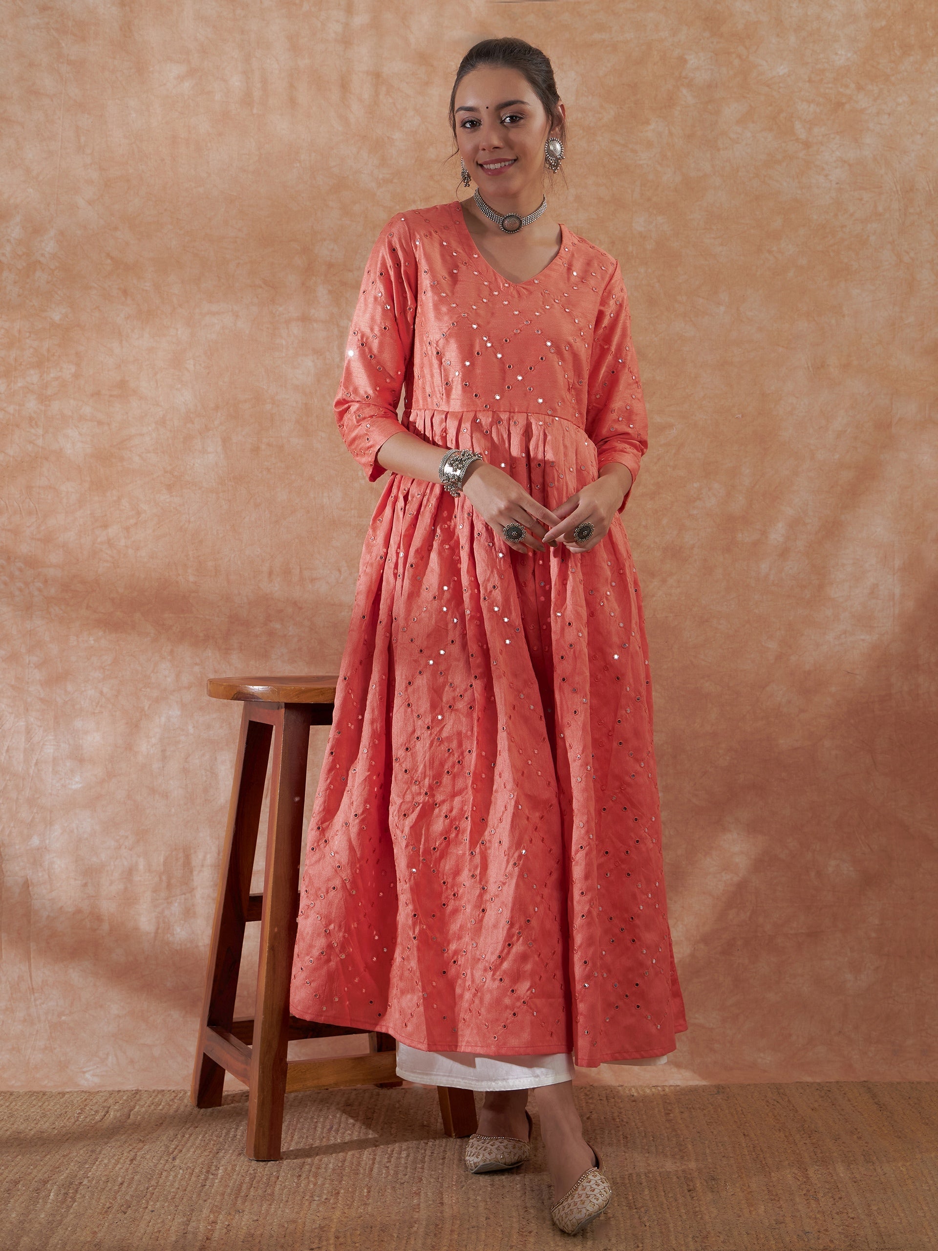 InWeave Women's Peach Mirror Work Long Anarkali Kurta