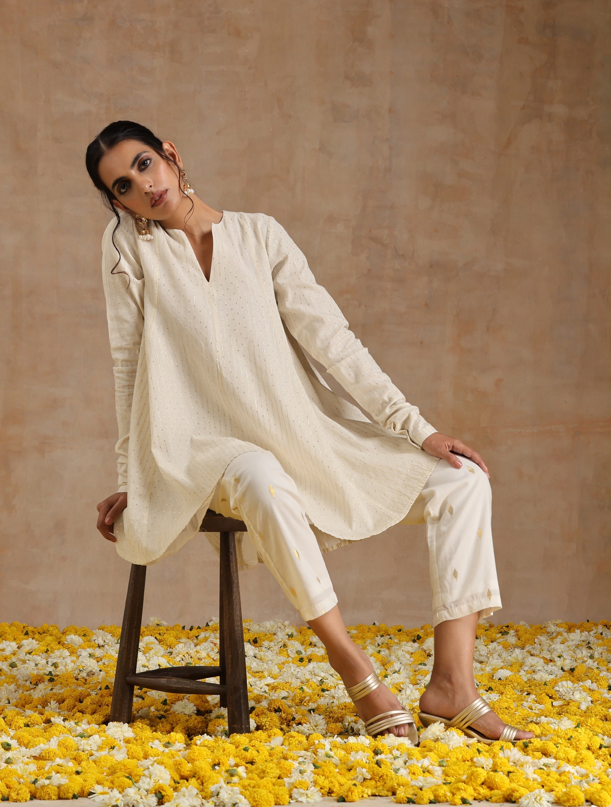 trueBrowns Ivory Gold Cotton Flared Co-Ord Set