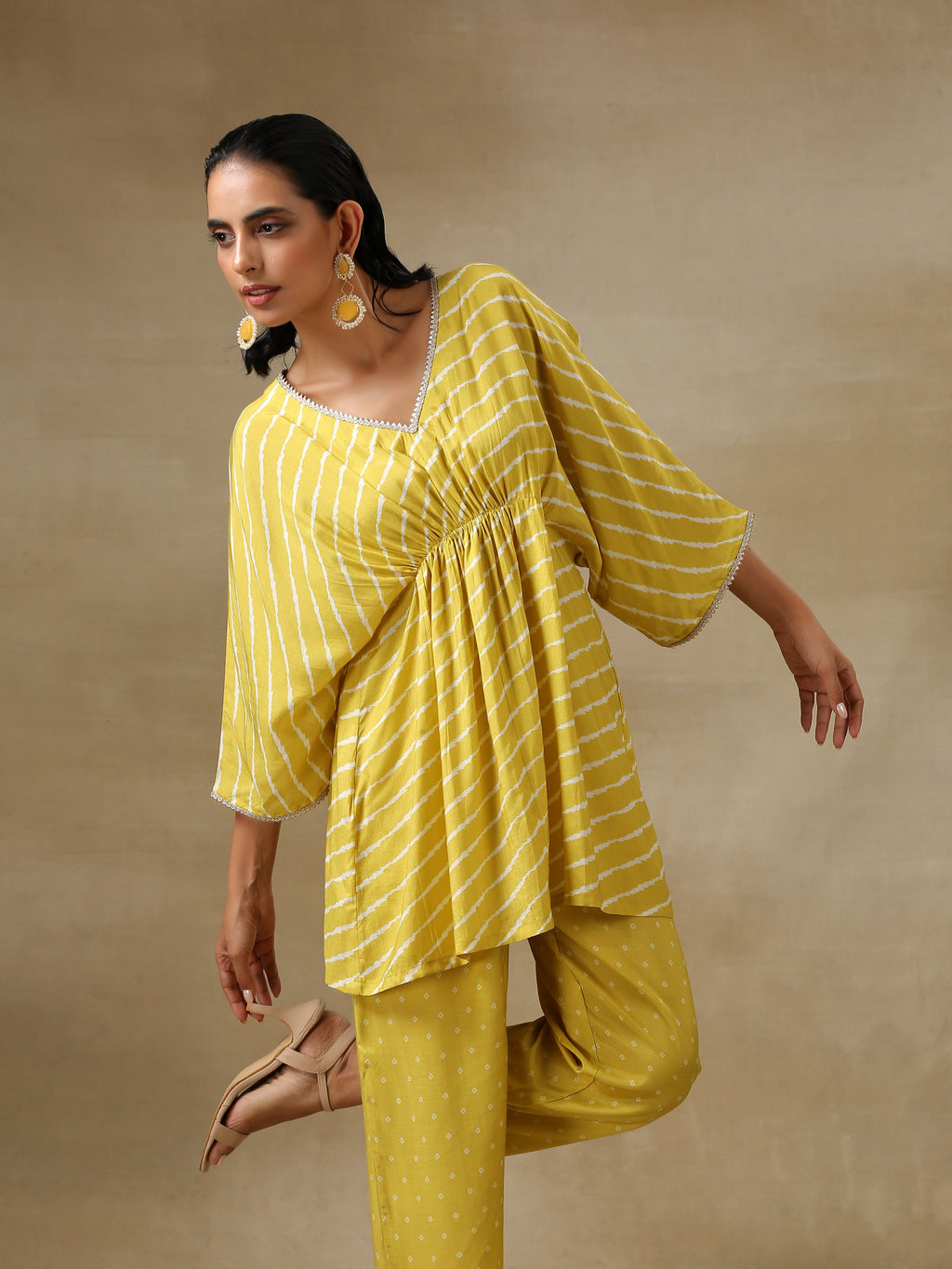 trueBrowns Lime Green Bandhani Printed Silk Drop Shoulder Co-Ord Set