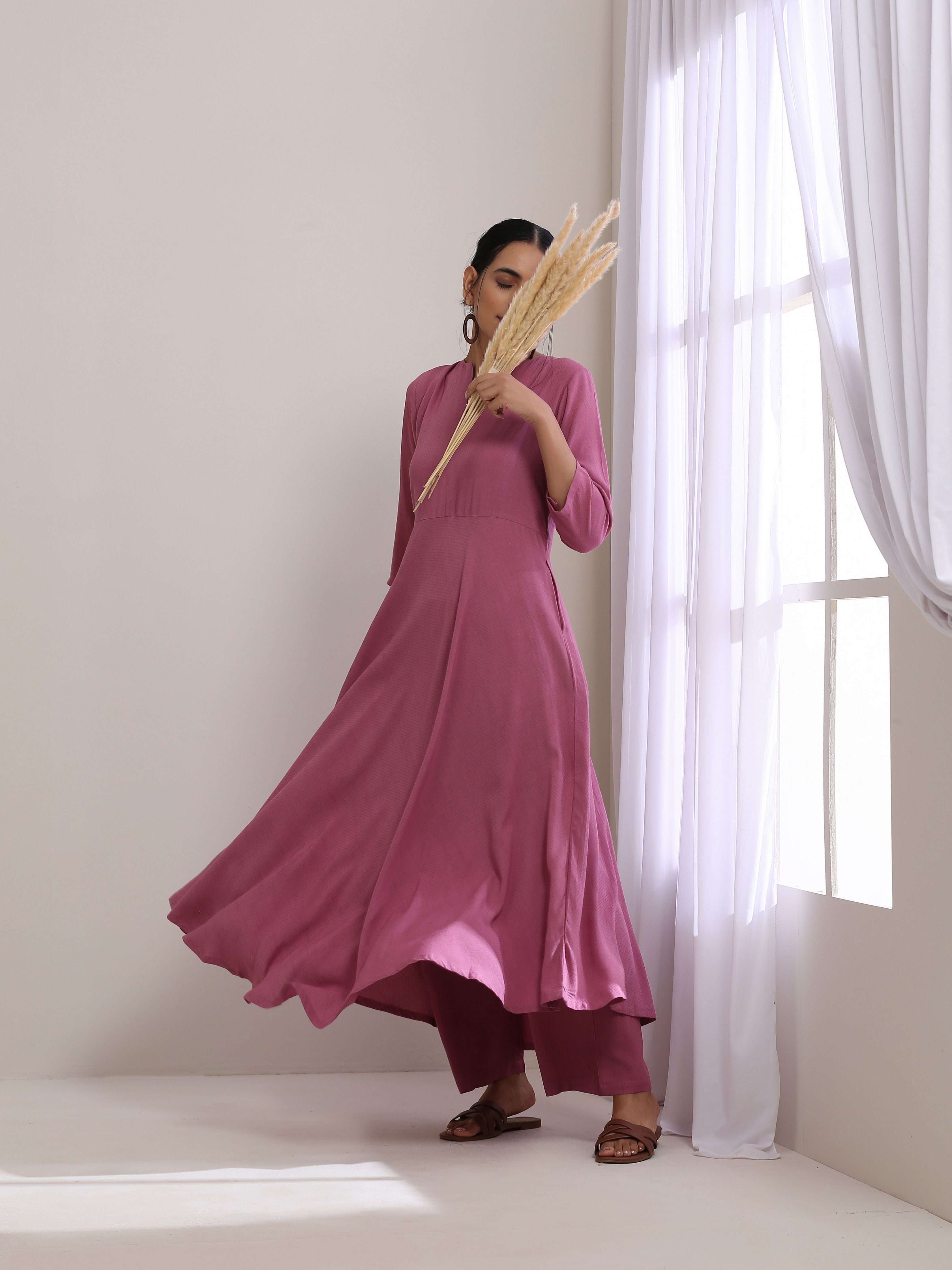 trueBrowns Onion Pink Dobby Anarkali Pant Set