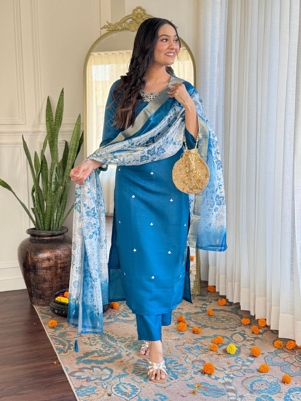 The52 Women's Beautiful Roman Silk Embroidered Straight Kurta with Pant And Dupatta Set