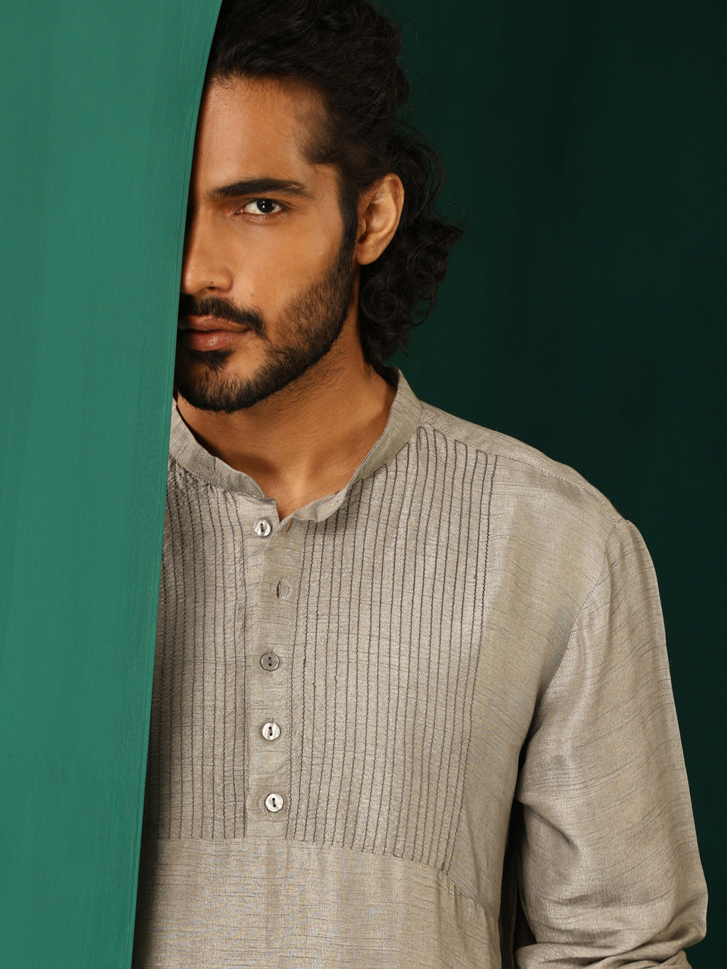 trueBrowns Men's Grey Silk Co-ord Set Yoke Detail