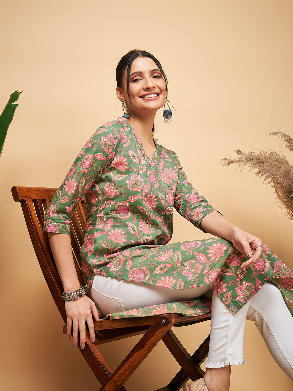 InWeave Women's Green Pink Floral Angrakha Straight Kurta