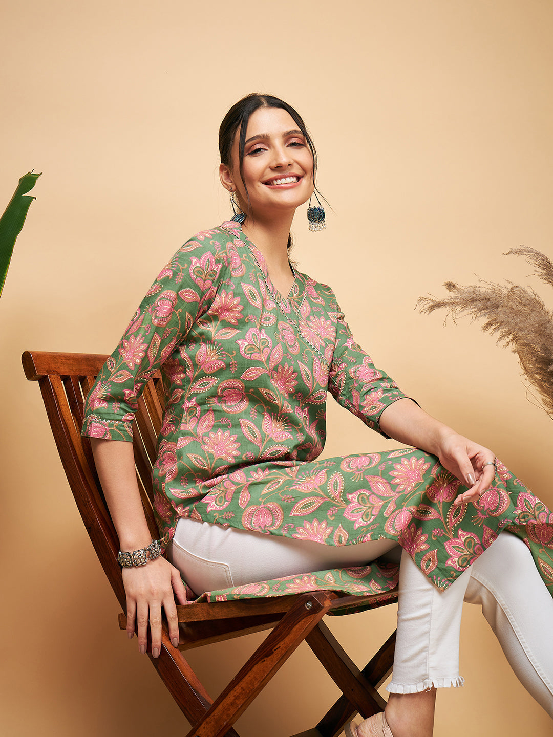 InWeave Women's Green Pink Floral Angrakha Straight Kurta