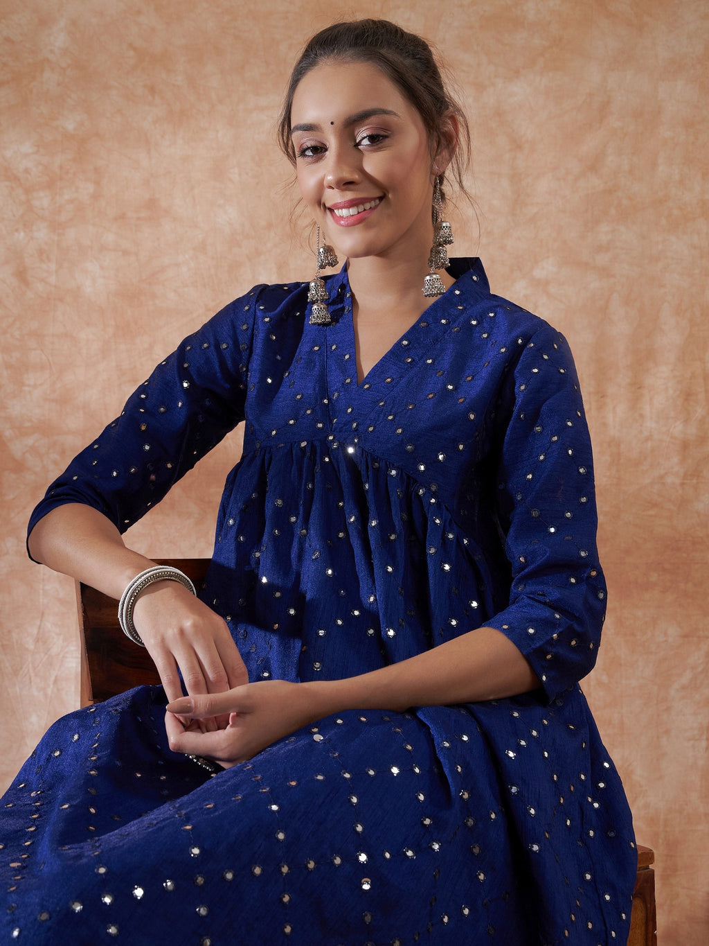 InWeave Women's Blue Mirror Work Flared Kurta