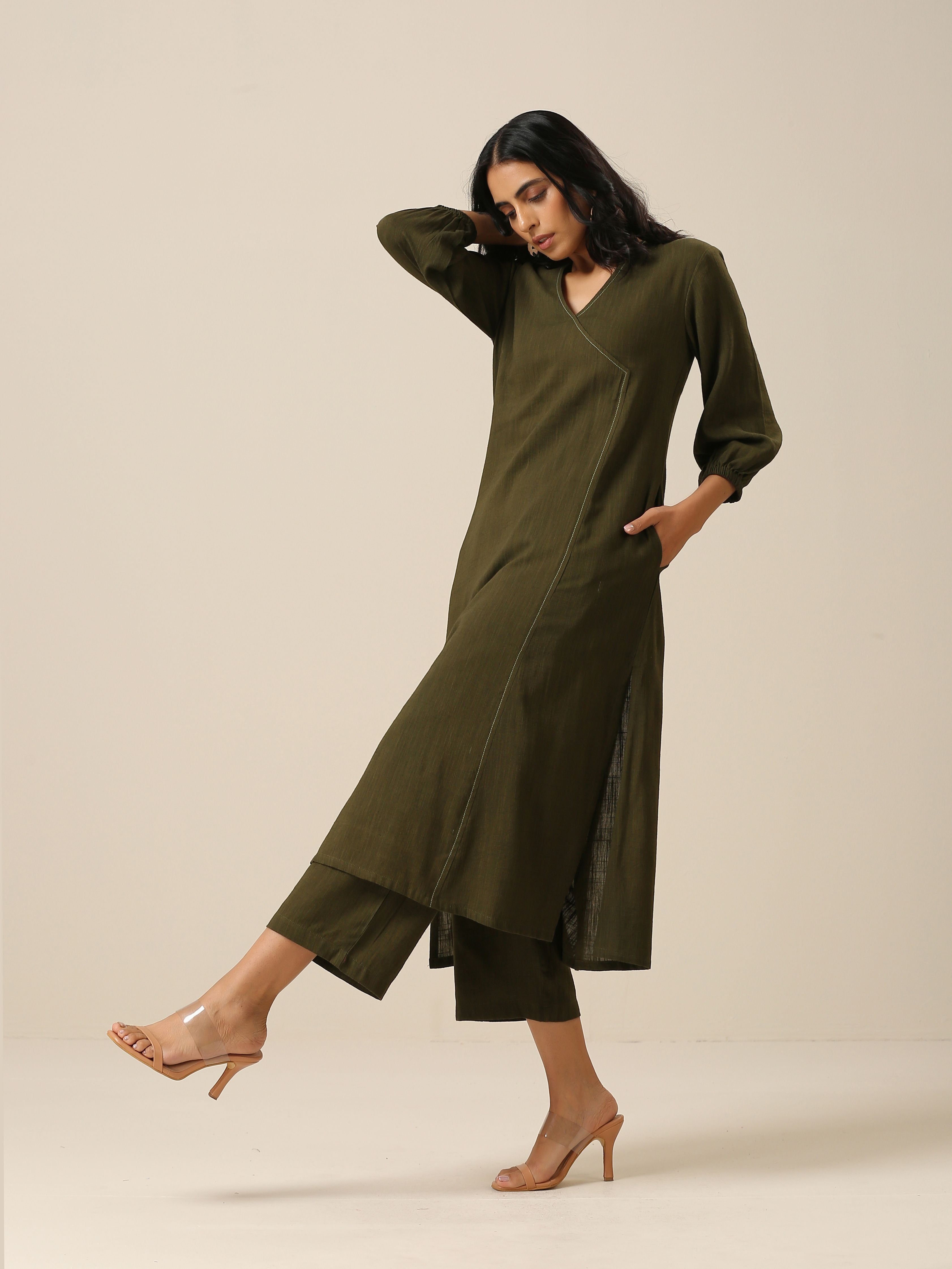trueBrowns Olive Green Slub Texture Kurta Pant Set
