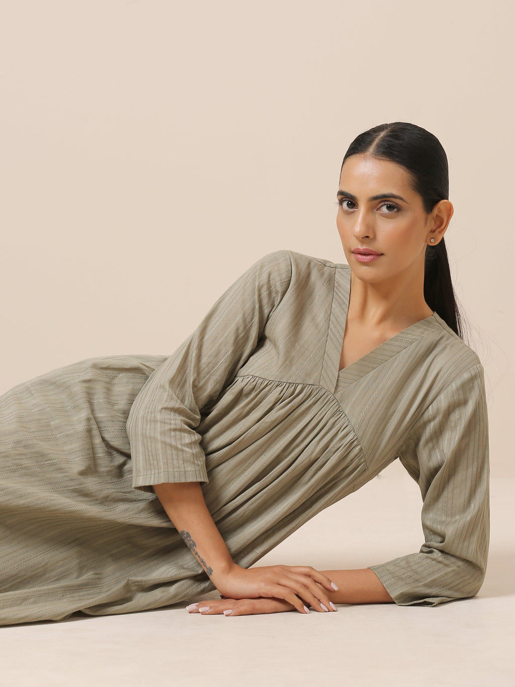 trueBrowns Cotton Olive Green Flared Slit Kurta Pant Set