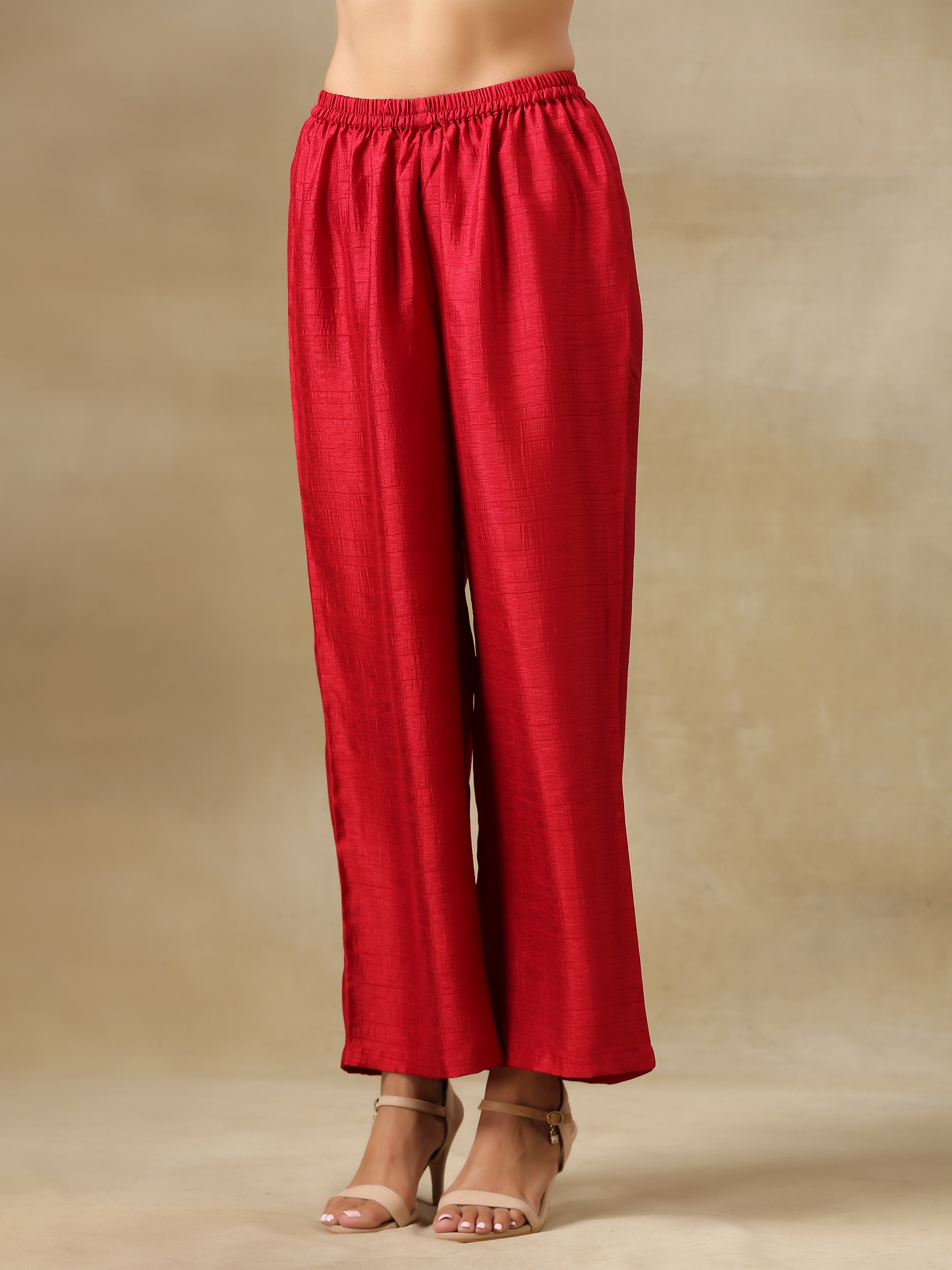 trueBrowns Maroon Textured Silk Front Slit Kurta Pant Set