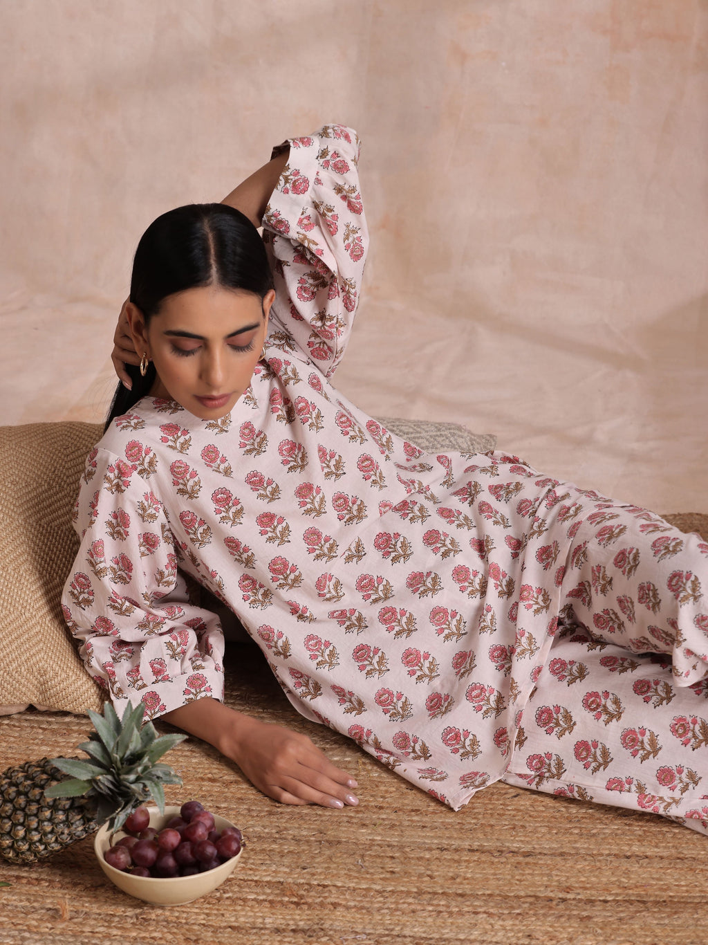trueBrowns Pink Brown Buta On White Block Print Cotton Baggy Sleeve Co-Ord Set