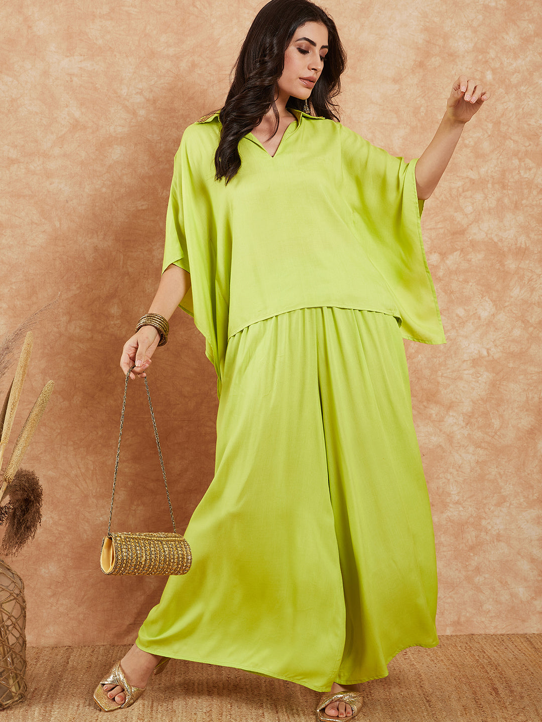 InWeave Women's Lime Green Solid Collar Neck Boho Top Bottom Set