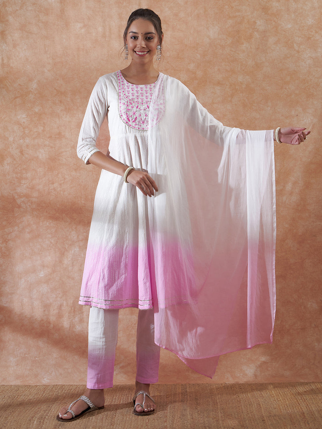 InWeave Women's White Lurex Pink Dye Patch Gota Anarkali Kurta Set W Dupatta