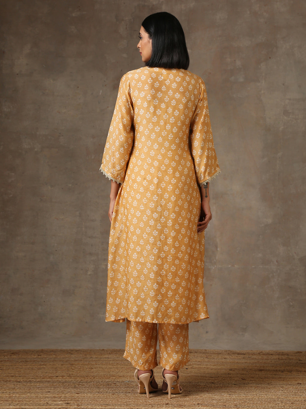 trueBrowns Beige White Flared Printed Silk Kurta Pant Set