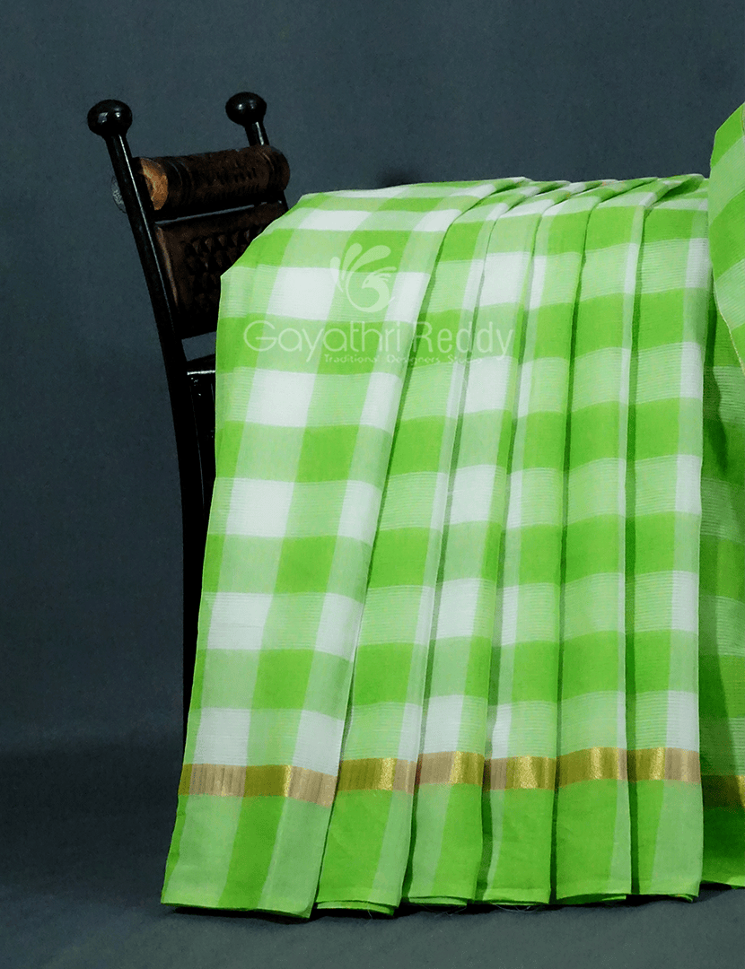 Cream And Neon Green With Checks Pure Mangalgiri Cotton Saree By Gayathri Reddy Designer Studio