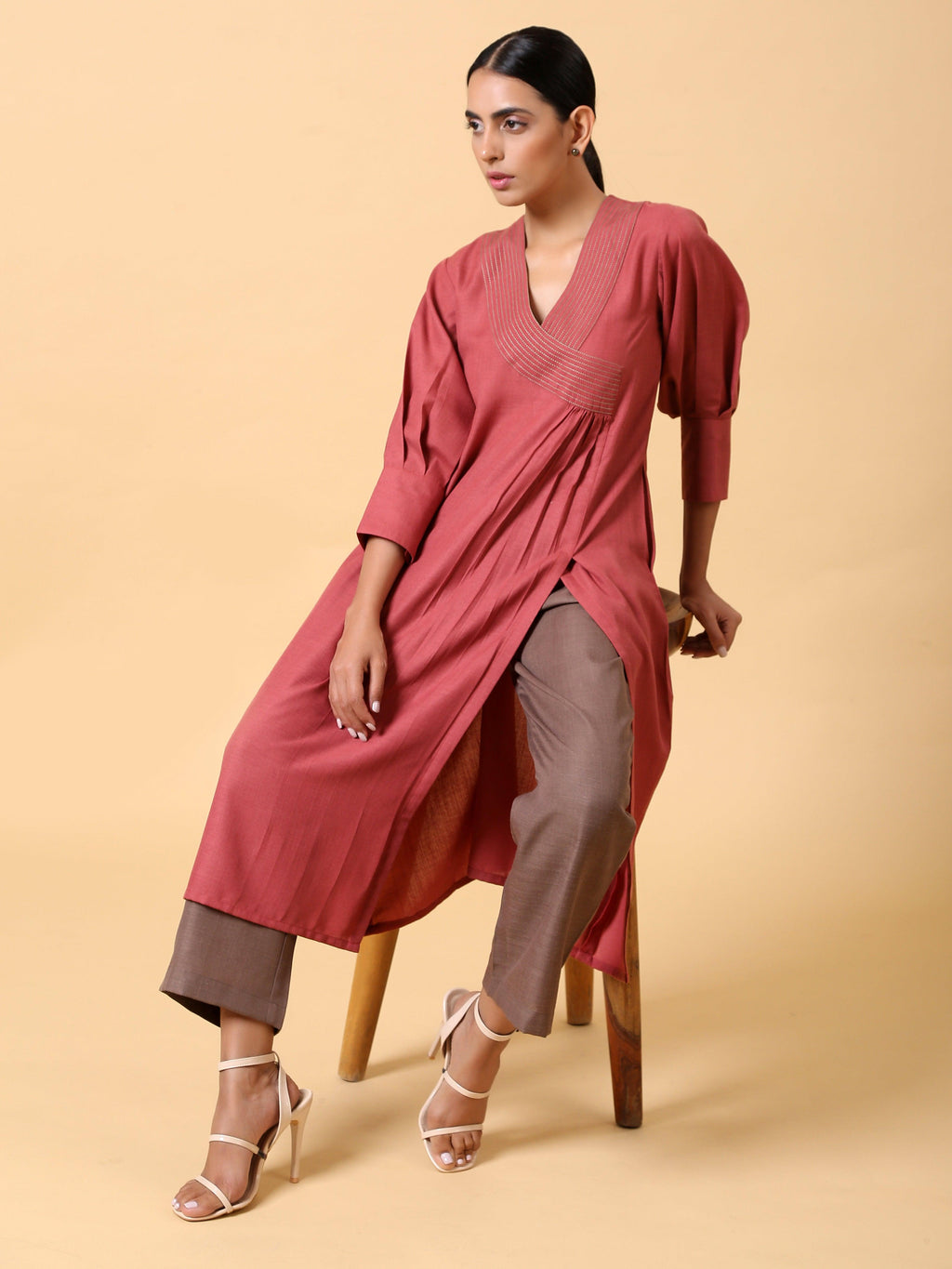 trueBrowns Cotton Linen Rust Red Kurta Pant Set