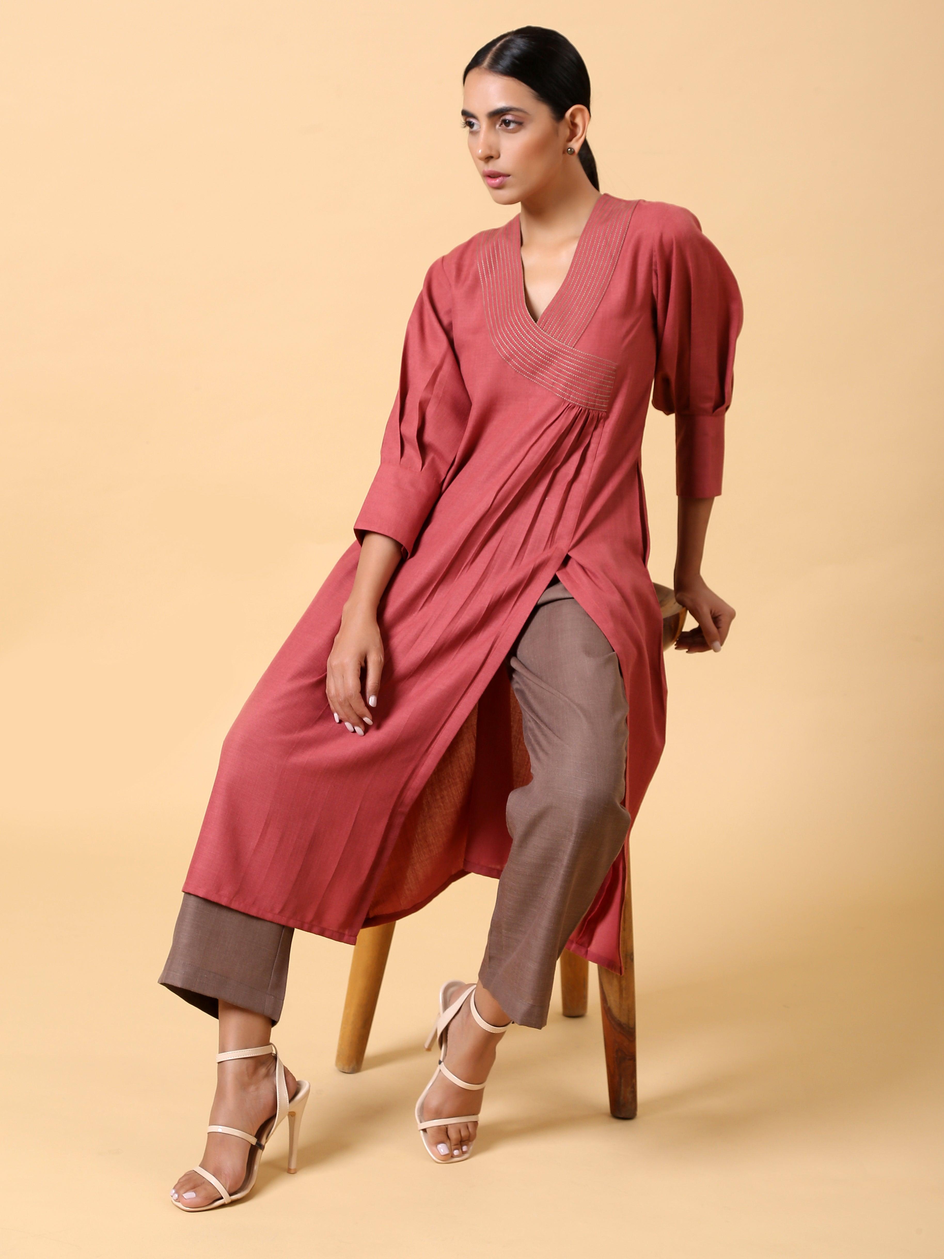 trueBrowns Cotton Linen Rust Red Kurta Pant Set