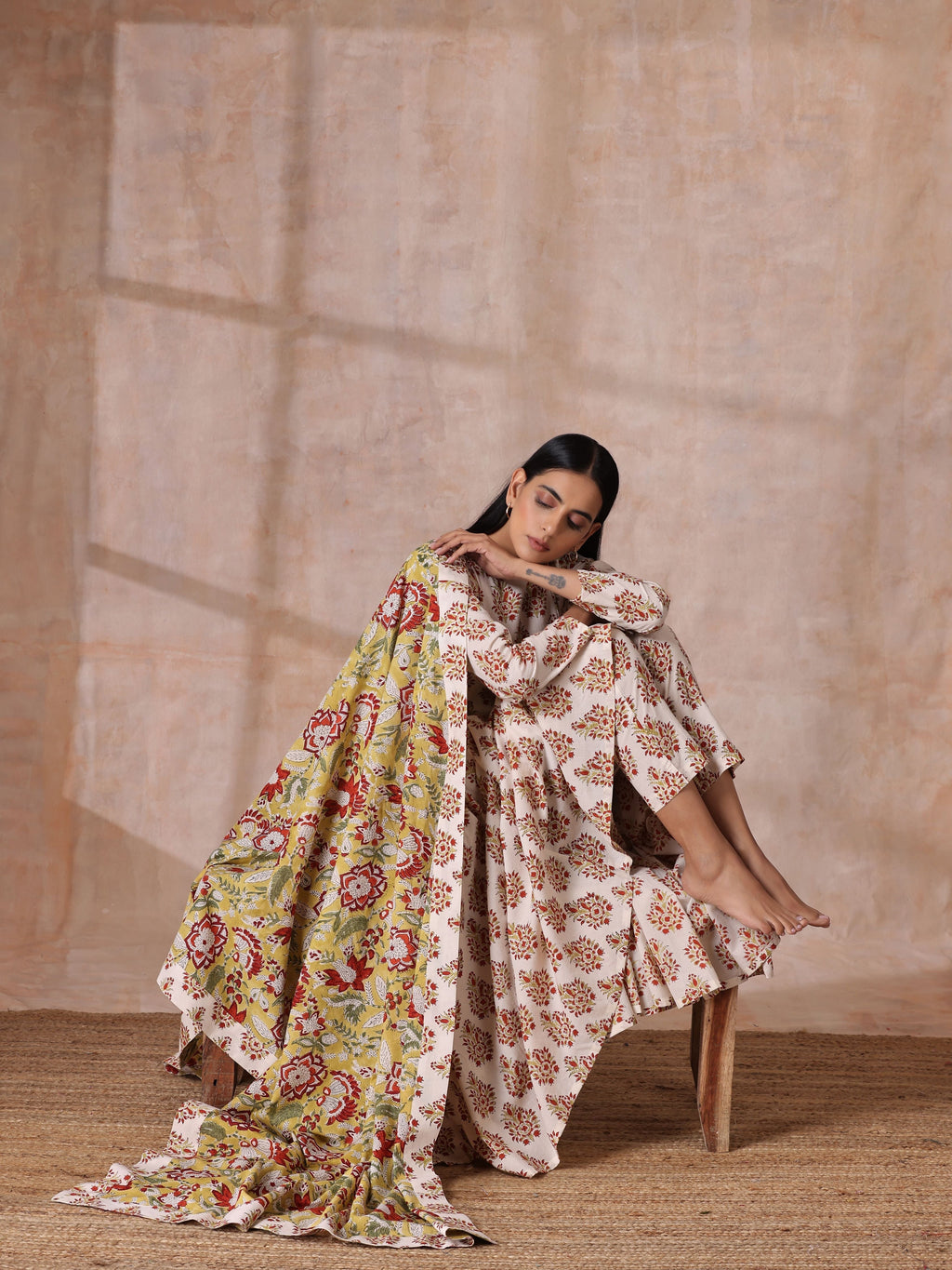 trueBrowns White With Red Yellow Buta Block Print Cotton Kurta Pant Dupatta Set