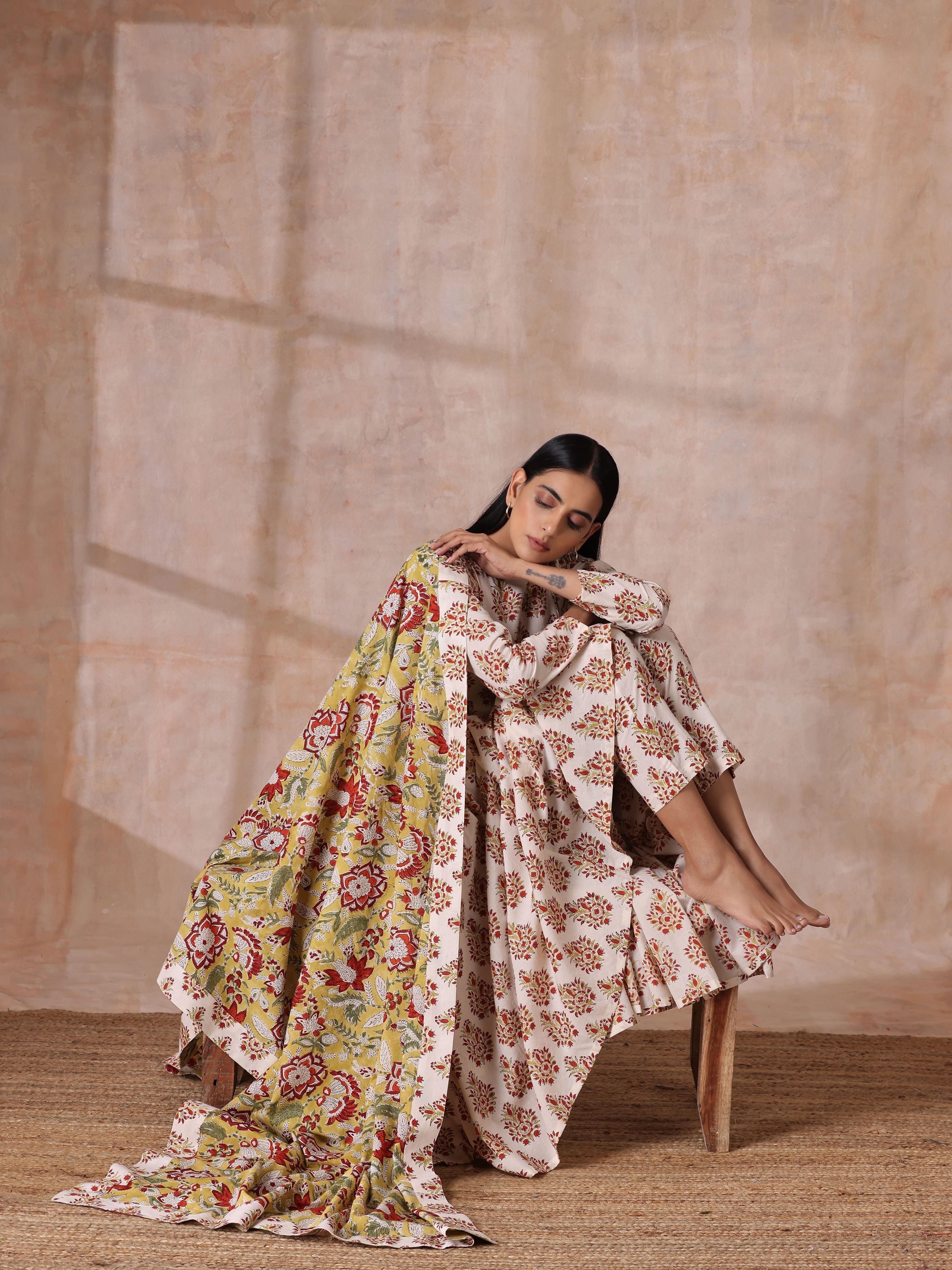 trueBrowns White With Red Yellow Buta Block Print Cotton Kurta Pant Dupatta Set