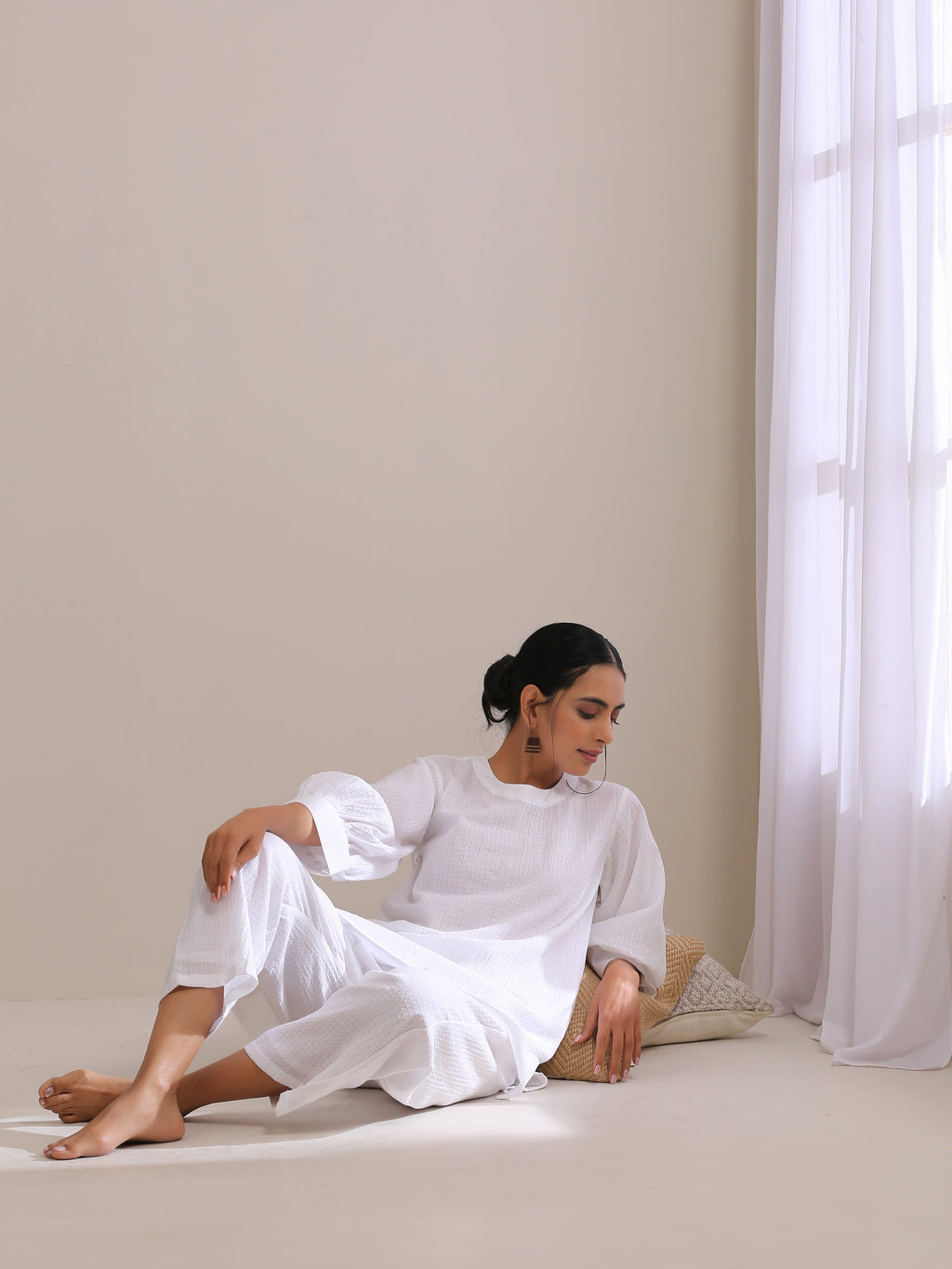 trueBrowns White Dobby Baggy Sleeve Co-Ord Set