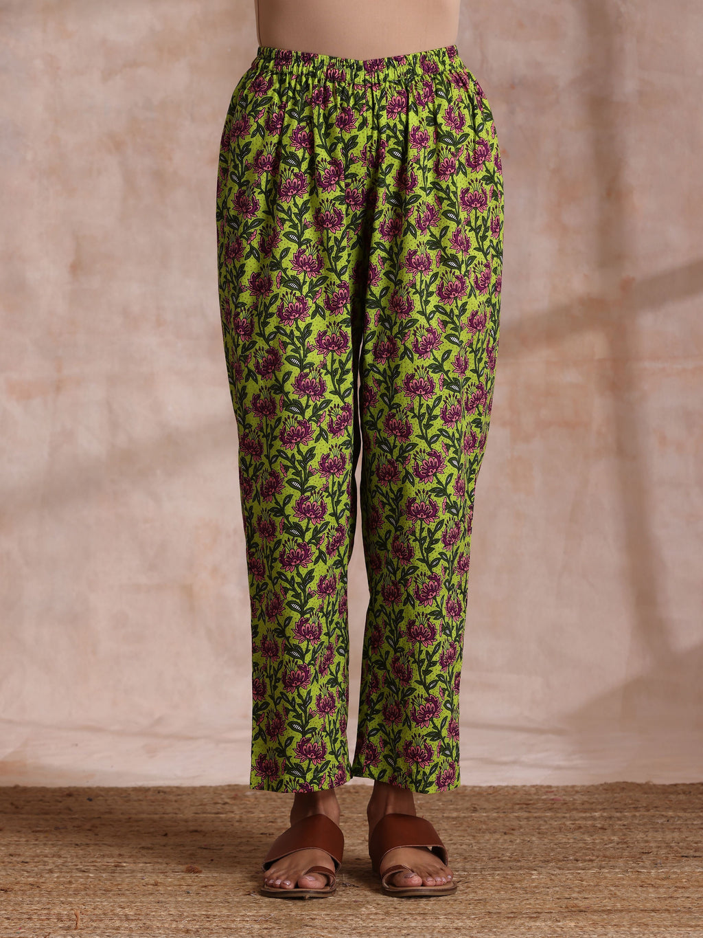 trueBrowns Lime Green Overall Pink Floral Block Print Cotton Flared Kurta Pant Set