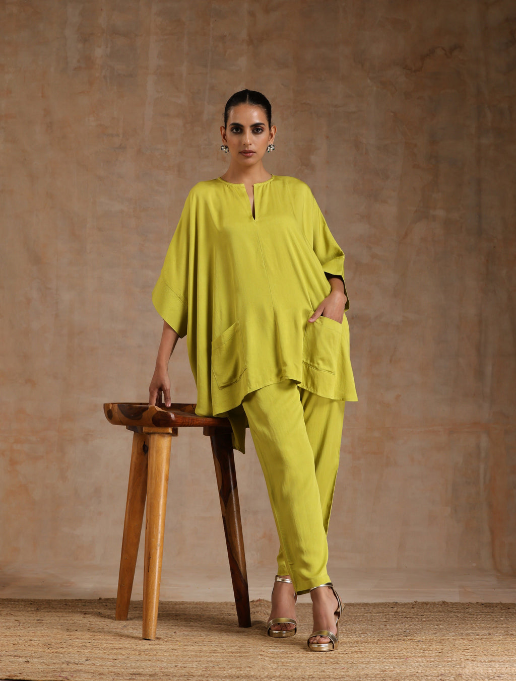 trueBrowns Lime Modal Satin Boxy Fit High-Low Co-Ord Set