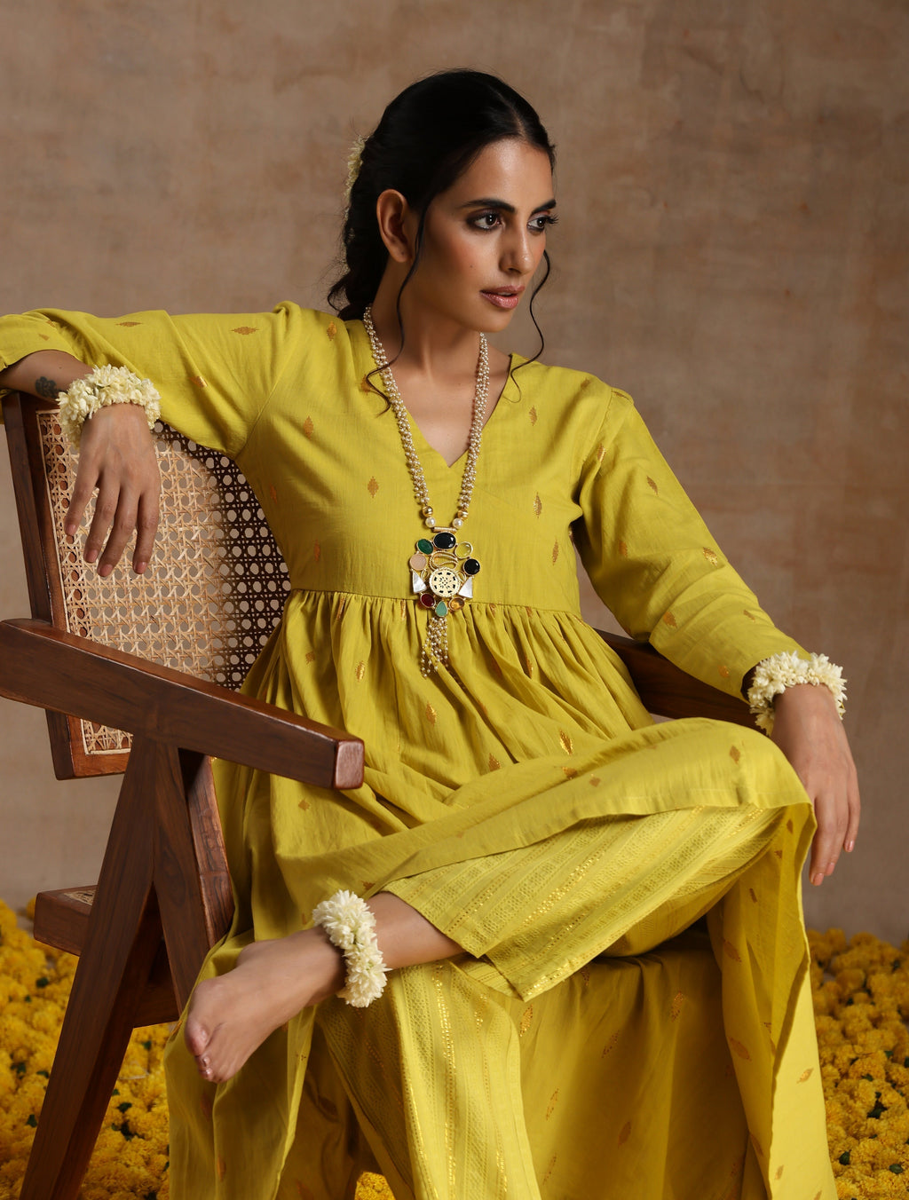 trueBrowns Lime Gold Cotton Kalidar Kurta Set