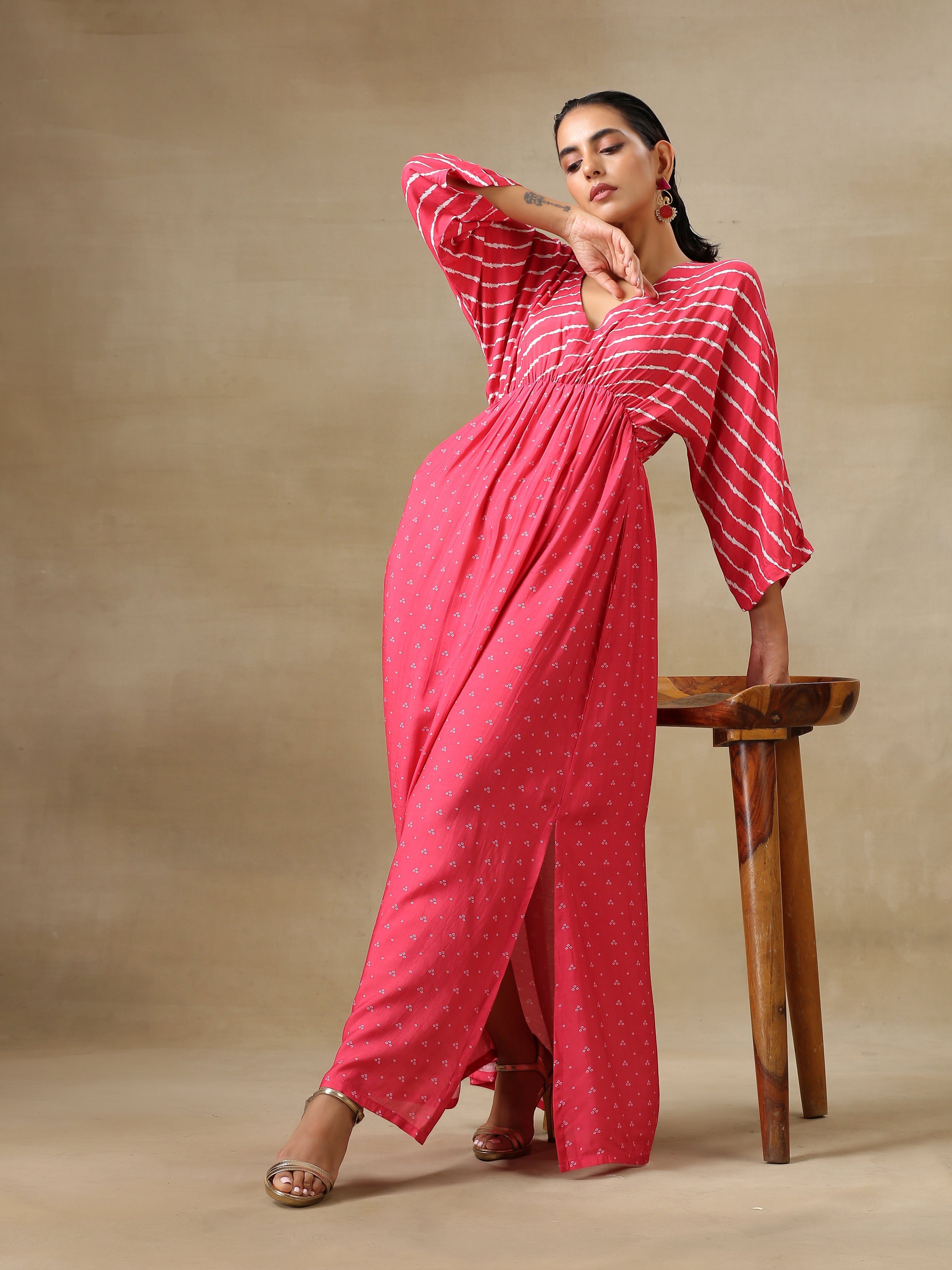 trueBrowns Pink Bandhani Printed Silk Drop Shoulder Dress