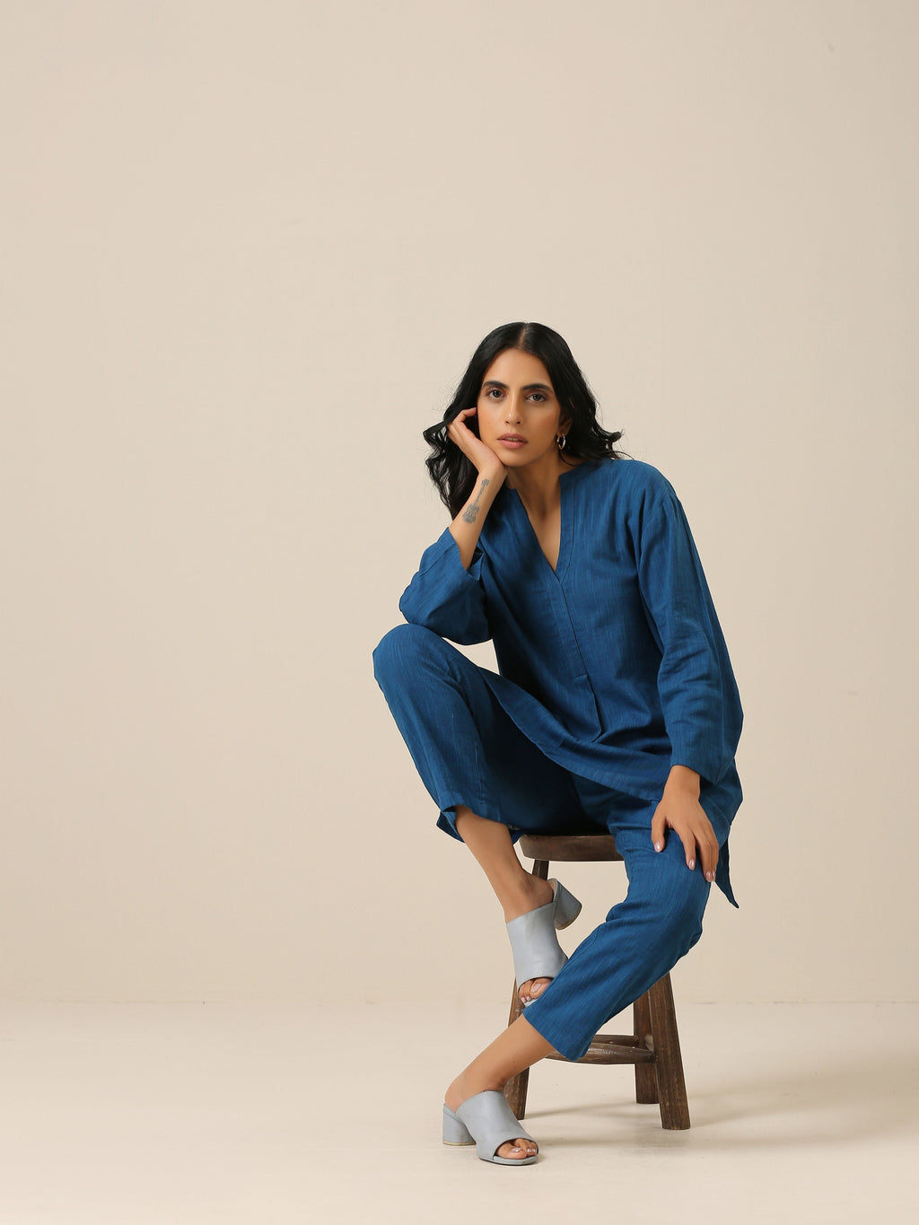 trueBrowns Classic Blue Slub Texture Relax Fit Co-Ord Set