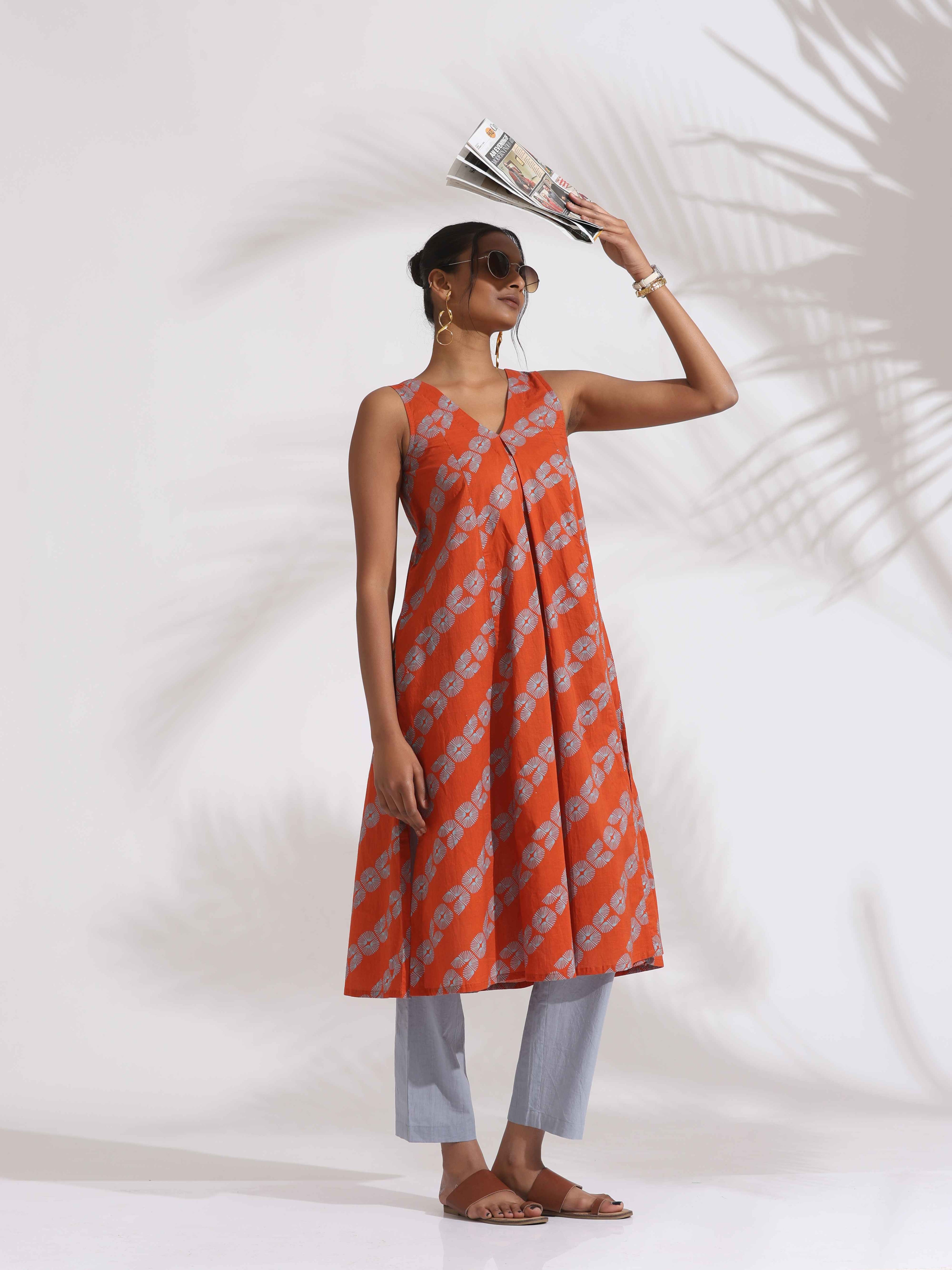 trueBrowns Orange Cotton Print Sleeveless Kurta Set