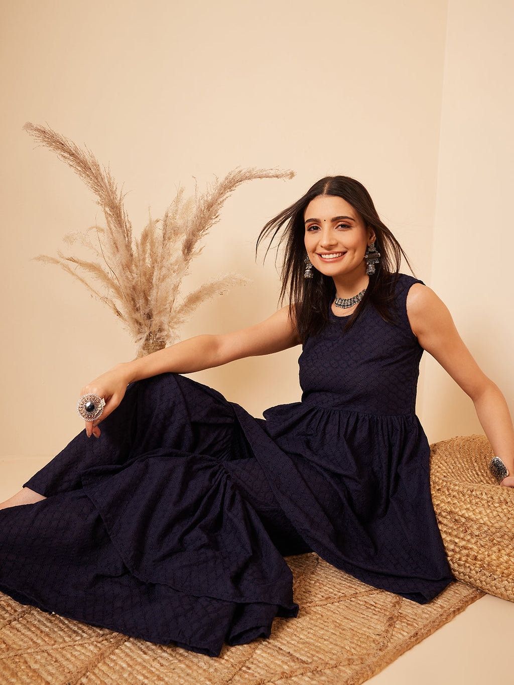 InWeave Women's Navy Blue Lace Work Double Layer Sharara Set