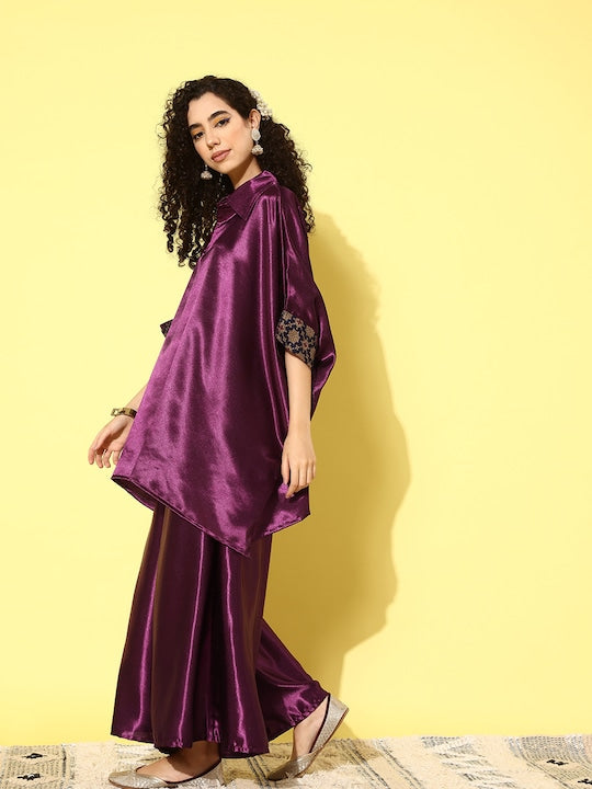 InWeave Women's Wine Navy Brocade Satin Boho Kurta Palazzo Set