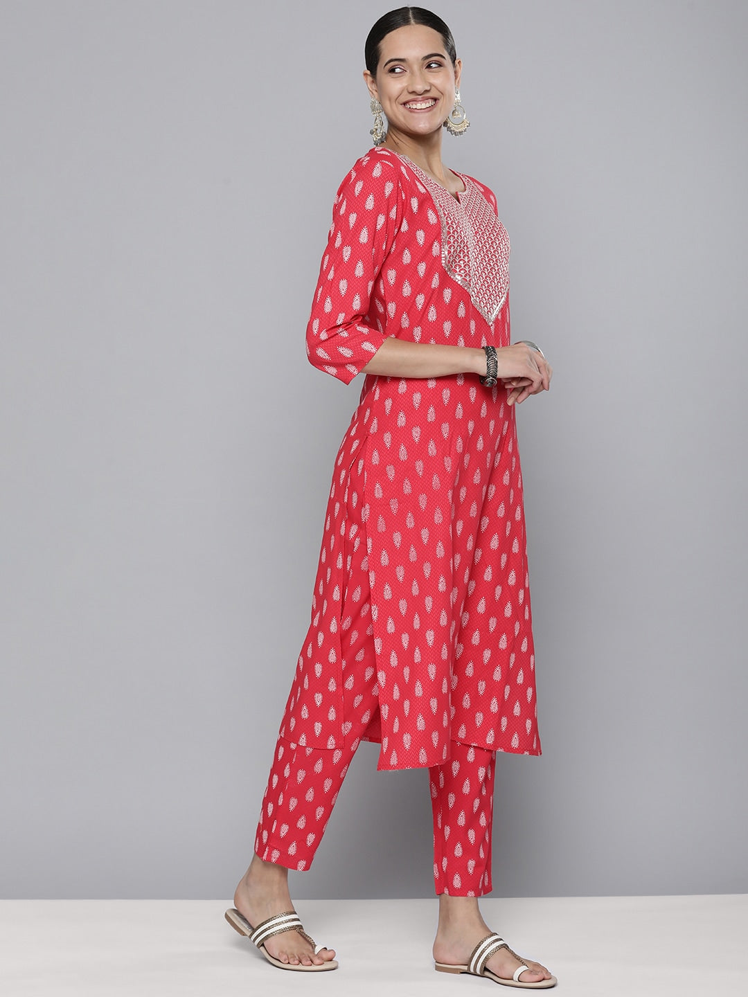 HERE&NOW Women Embroidered Yoke Design Sequinned Kurta with Trousers & With Dupatta