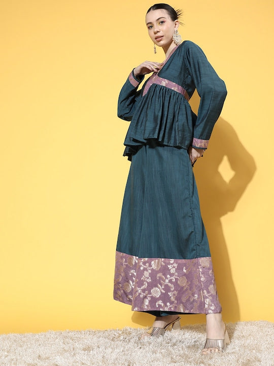 InWeave Women's Teal Mauve Brocade Mughal Shaan Kurta Palazzo Set