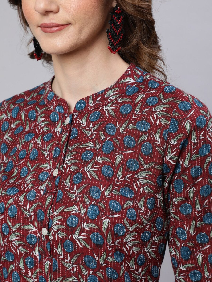 Aks Floral Printed Mandarin Collar Pure Cotton Kurta with Trousers