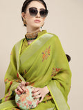 Saree Mall Saree Mall Elegant Green and Orange Linen Blend Saree