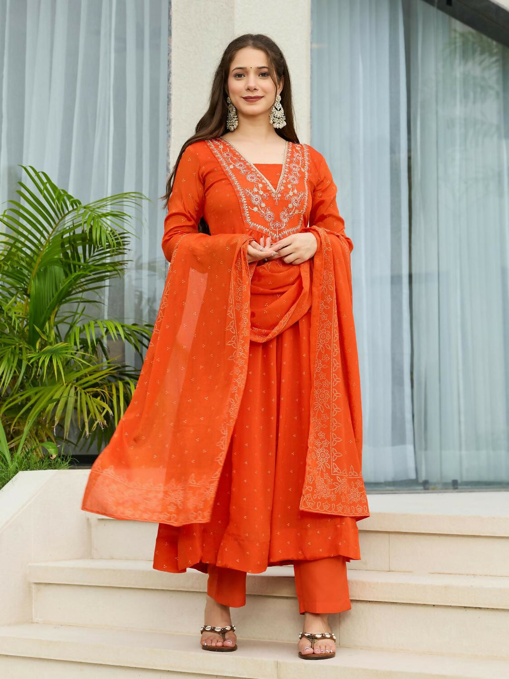 The52 Orange Women's Gorgeous Embroidered Chinon Fabric Flared Kurta Pant and Dupatta Set