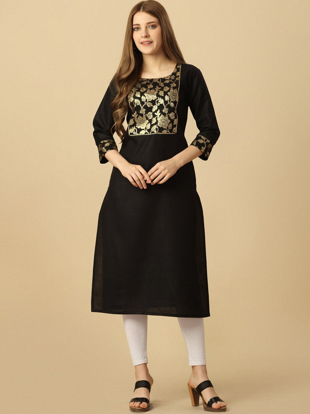 HERE&NOW Black & Gold Square Neck Yoke Design Cotton Kurta